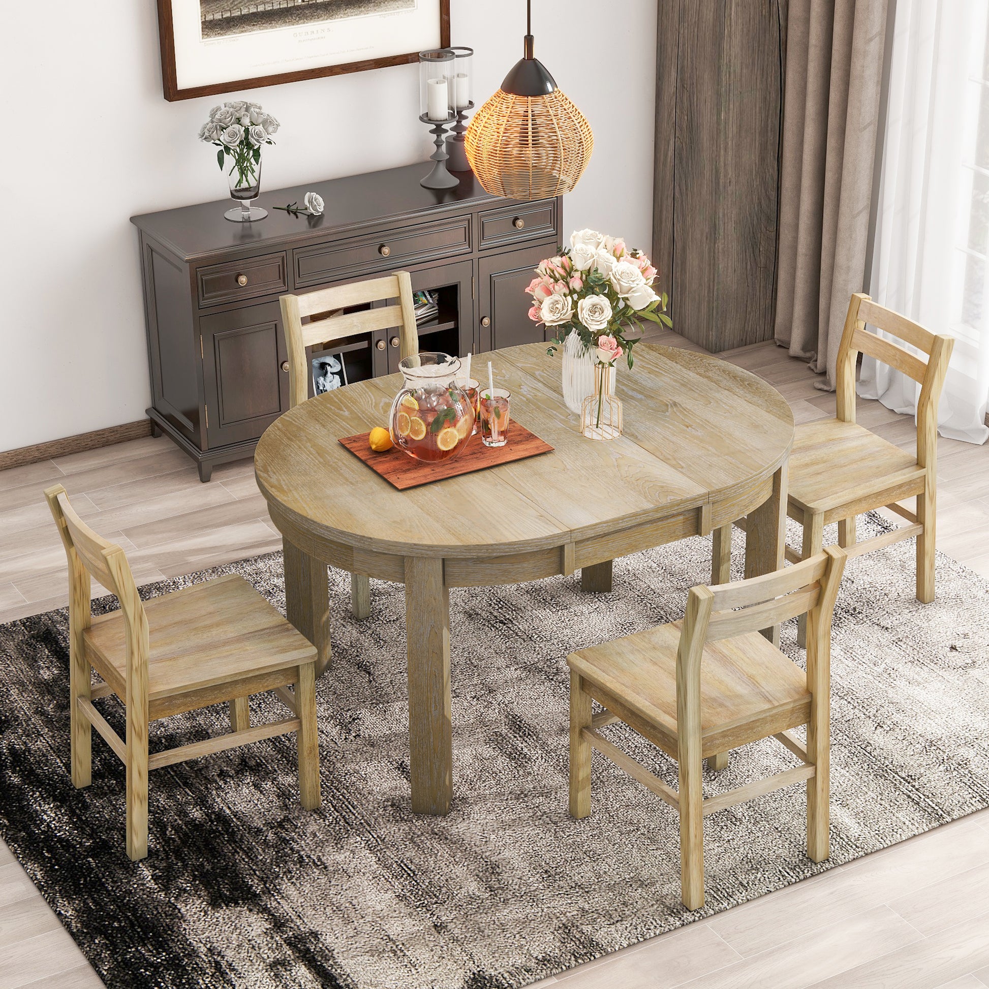 Farmhouse 5 Piece Extendable Round Dining Table Set With Storage Drawers And 4 Dining Chairs,16" Removable Leaf, Natural Wood Dining Room Extendable Rubberwood Round Dining Table With Chair Wood Wood Natural Ladder Back Seats 4 42 Inches Removable Leaf