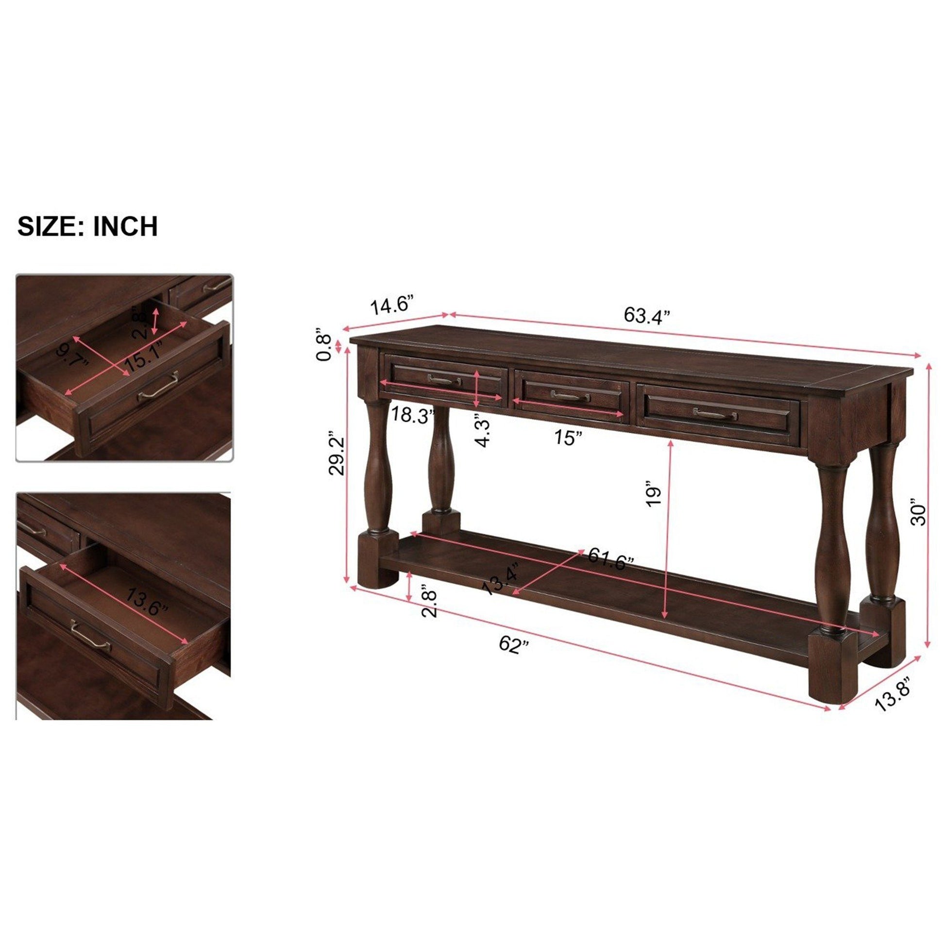 63Inch Long Wood Console Table With 3 Drawers And 1 Bottom Shelf For Entryway Hallway Easy Assembly Extra Thick Sofa Table Light Espresso Espresso Distressed Finish Primary Living Space American Design Pine Drawers Console Tables Pine