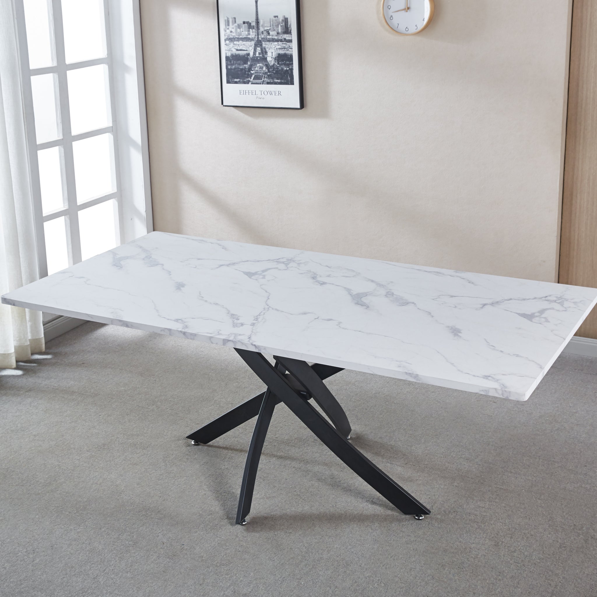 Rectangle Mdf Dining Table, Printed Marble Table Top And Black Metal Base Walnut Mdf