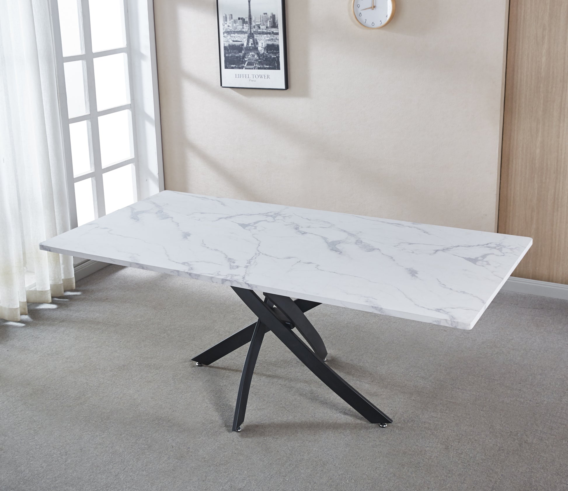 Rectangle Mdf Dining Table, Printed Marble Table Top And Black Metal Base Walnut Mdf