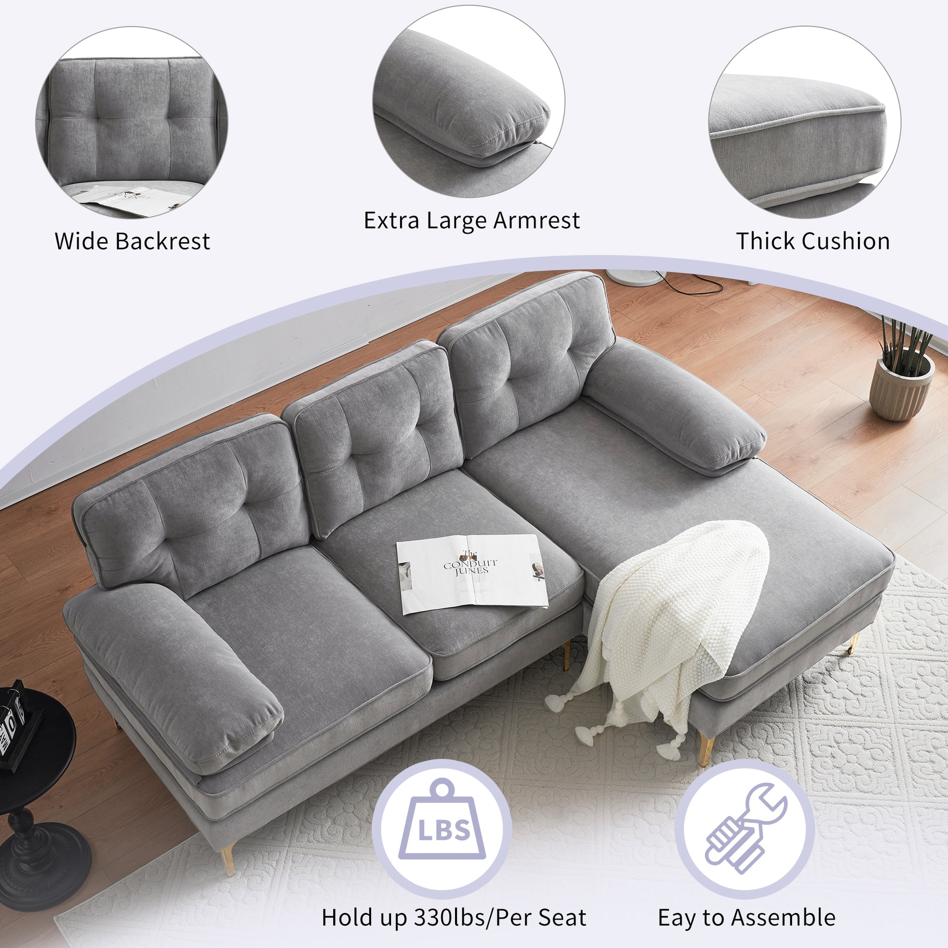 83" Modern Sectional Sofas Couches Velvet L Shaped Couches For Living Room, Bedroom, Light Grey Light Grey Foam Velvet