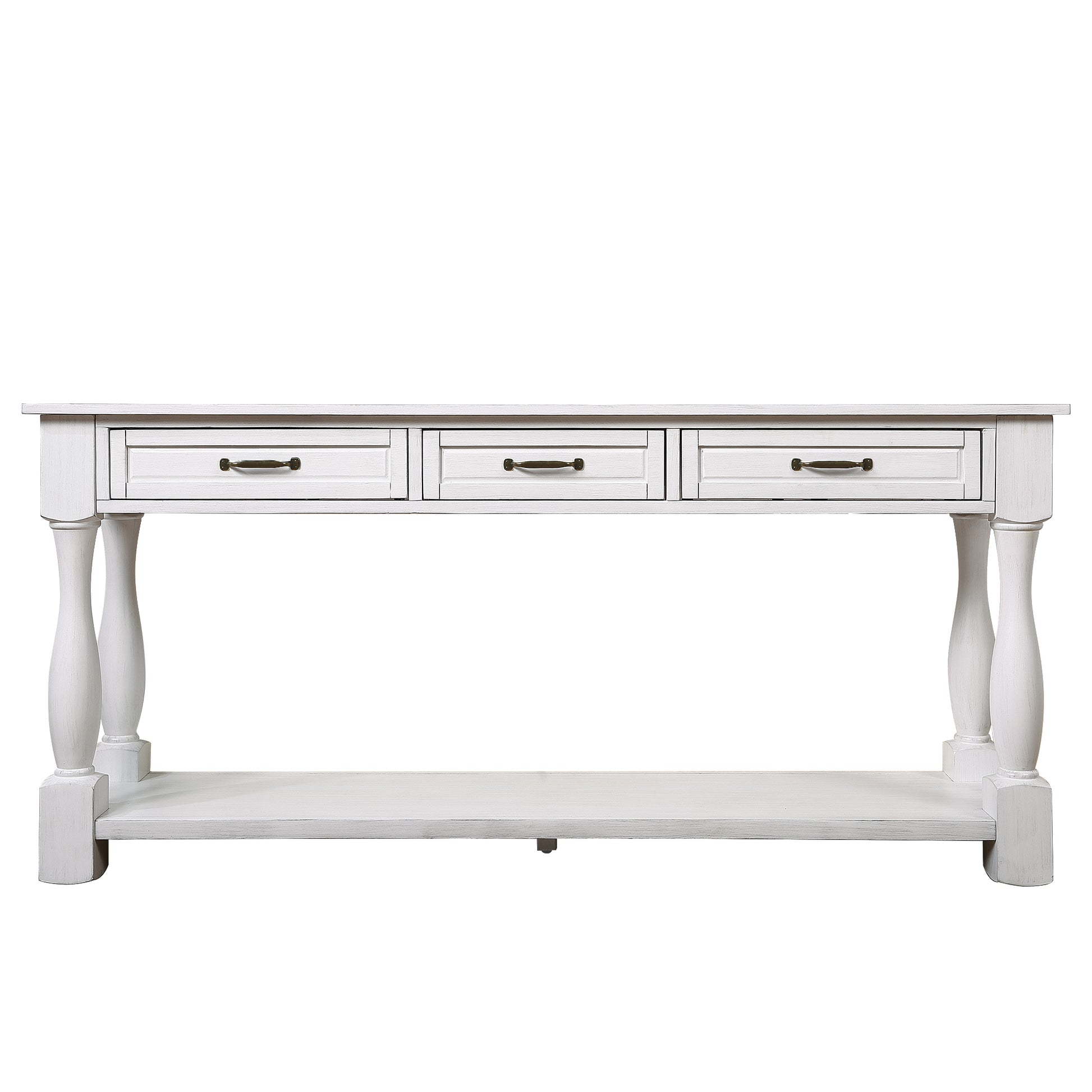 63Inch Long Wood Console Table With 3 Drawers And 1 Bottom Shelf For Entryway Hallway Easy Assembly Extra Thick Sofa Table Antique White Antique White White Distressed Finish Primary Living Space American Design Pine Drawers Console Tables Pine