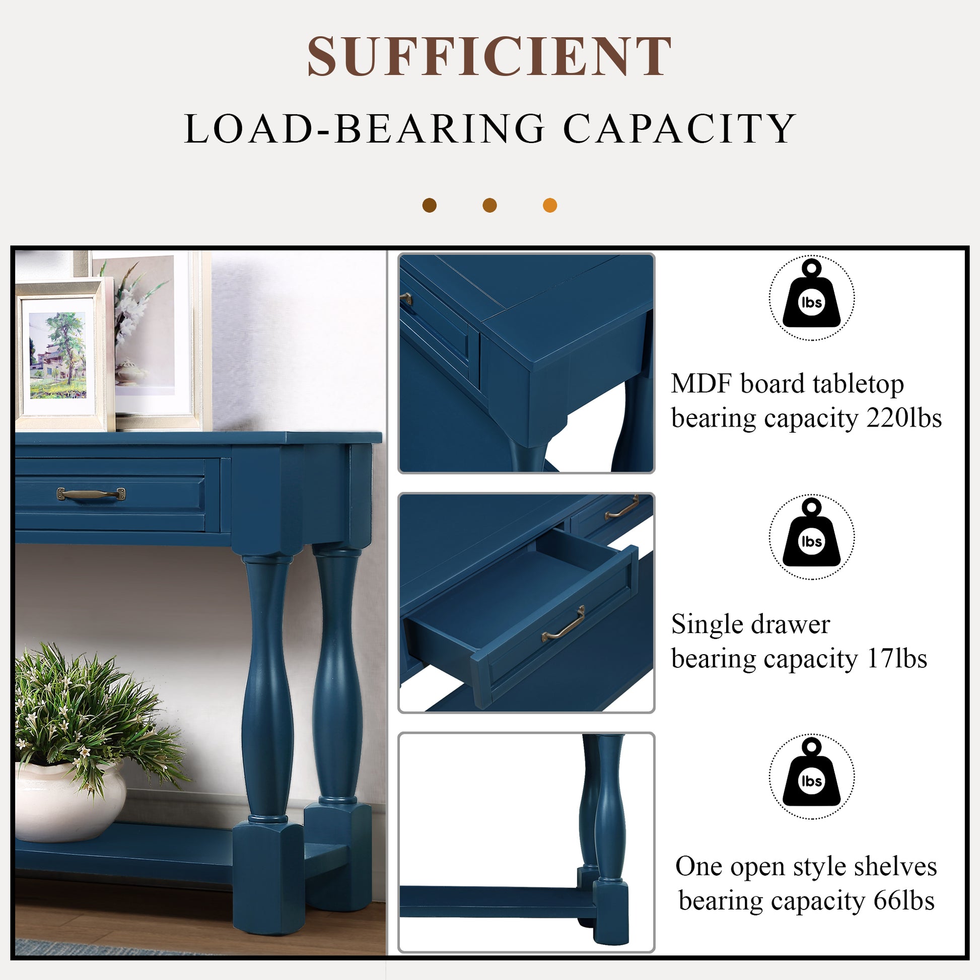 63Inch Long Wood Console Table With 3 Drawers And 1 Bottom Shelf For Entryway Hallway Easy Assembly Extra Thick Sofa Table Navy Blue Navy Blue Distressed Finish Primary Living Space American Design Pine Drawers Console Tables Pine