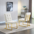 Modern Linen Dining Chair Set Of 2, Tufted Design And Gold Finish Stainless Base White Linen