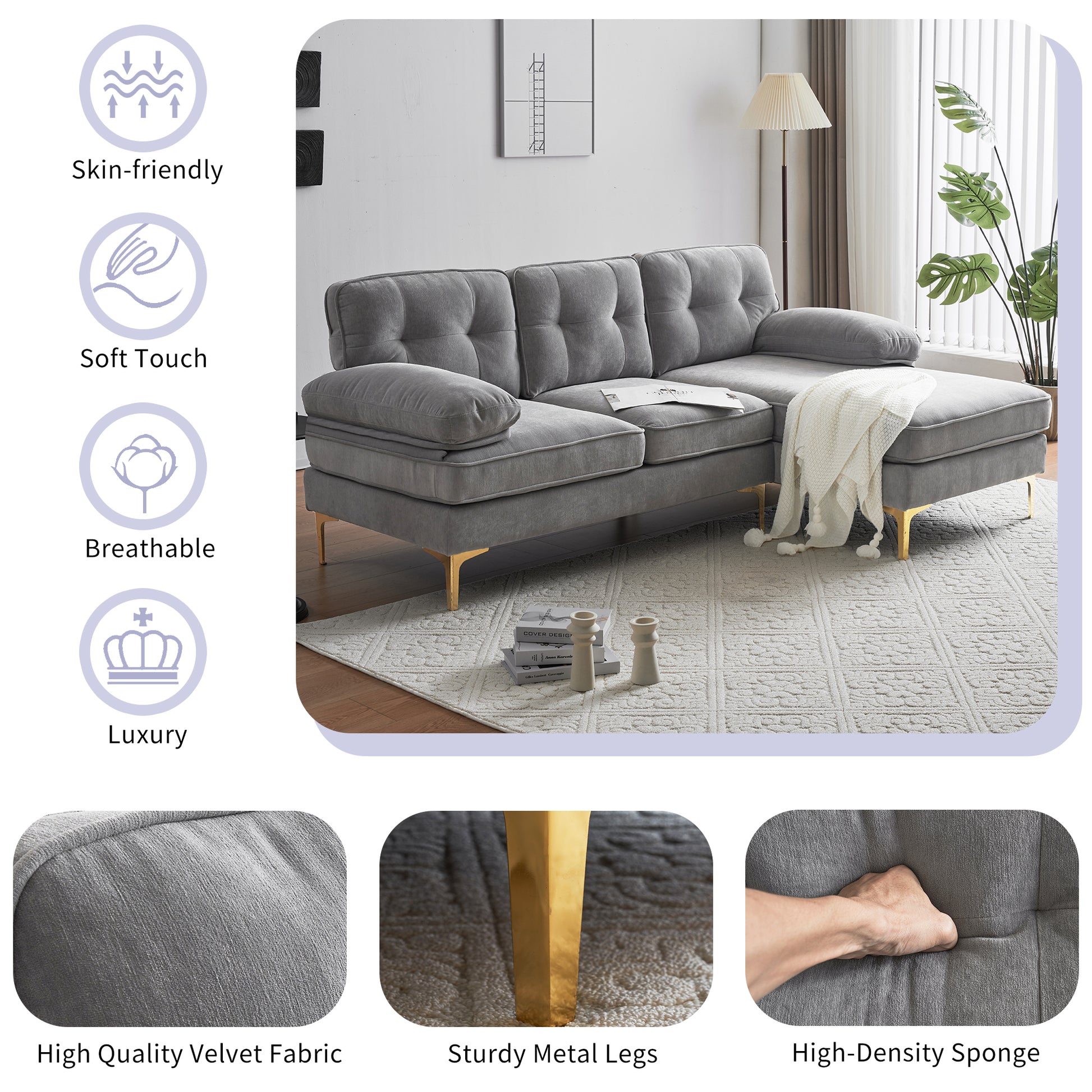 83" Modern Sectional Sofas Couches Velvet L Shaped Couches For Living Room, Bedroom, Light Grey Light Grey Foam Velvet