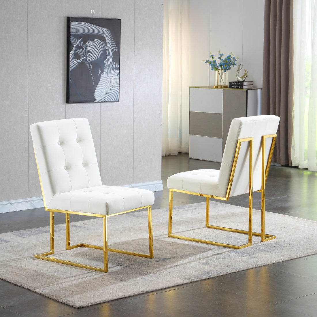 Modern Velvet Dining Chair Set Of 2, Tufted Design And Gold Finish Stainless Base Beige Velvet