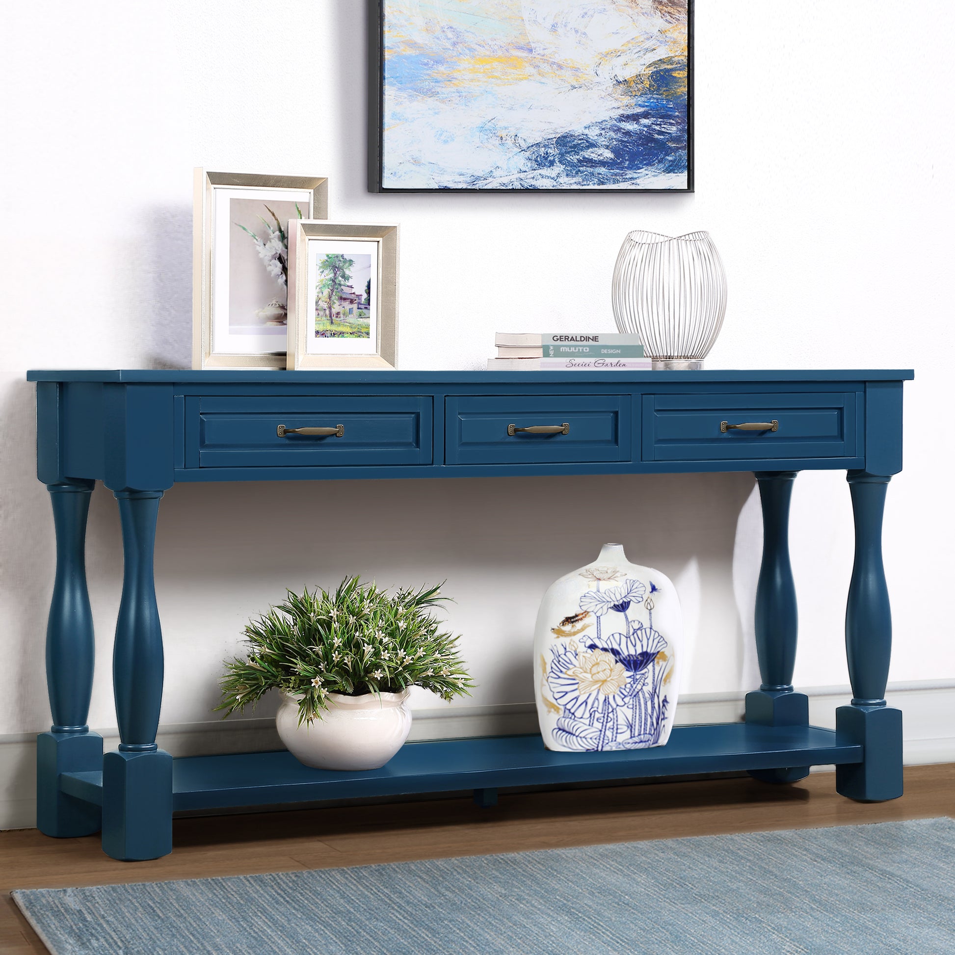 63Inch Long Wood Console Table With 3 Drawers And 1 Bottom Shelf For Entryway Hallway Easy Assembly Extra Thick Sofa Table Navy Blue Navy Blue Distressed Finish Primary Living Space American Design Pine Drawers Console Tables Pine