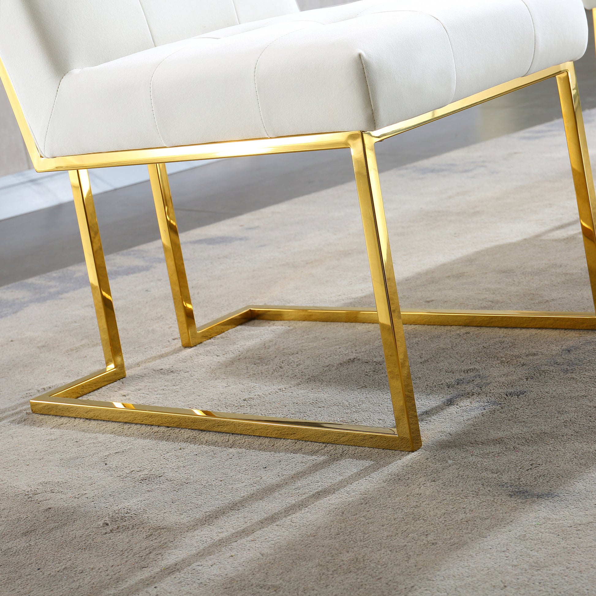 Modern Velvet Dining Chair Set Of 2, Tufted Design And Gold Finish Stainless Base Beige Velvet