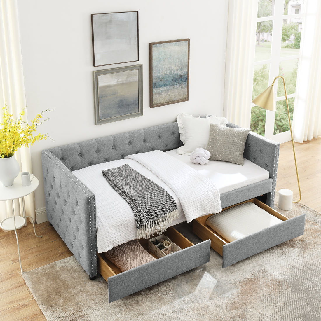 Upholstered Twin Size Daybed With Two Drawers, With Button And Copper Nail On Square Arms, Grey 82.75''X43''X30.75'' Box Spring Not Required Twin Grey Composite Bedroom Classic,Contemporary,Luxury,Modern,Traditional Linen Linen