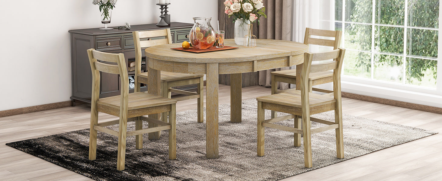 Farmhouse 5 Piece Extendable Round Dining Table Set With Storage Drawers And 4 Dining Chairs,16" Removable Leaf, Natural Wood Dining Room Extendable Rubberwood Round Dining Table With Chair Wood Wood Natural Ladder Back Seats 4 42 Inches Removable Leaf