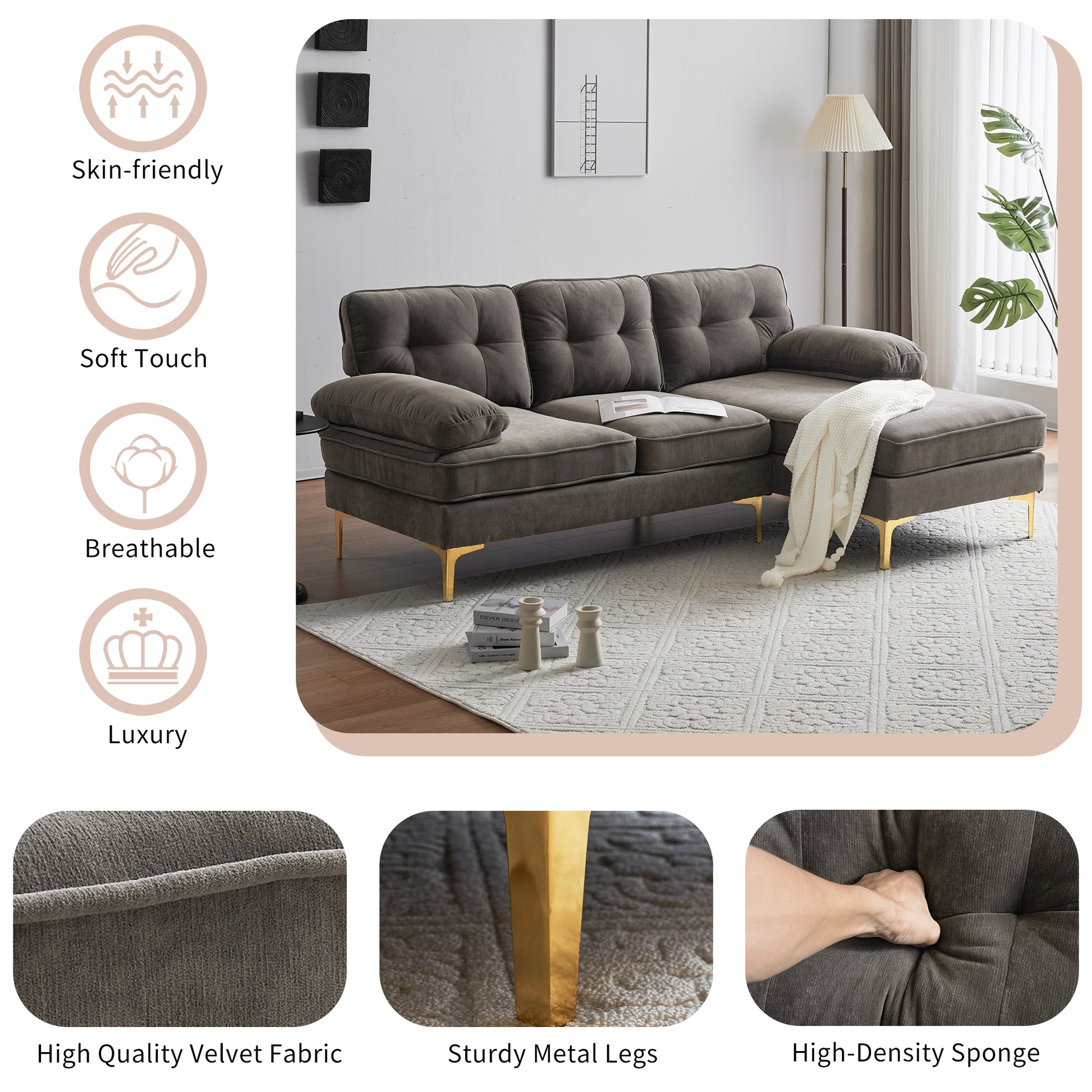 83" Modern Sectional Sofas Couches Velvet L Shaped Couches For Living Room, Bedroom, Brown Brown Foam Velvet