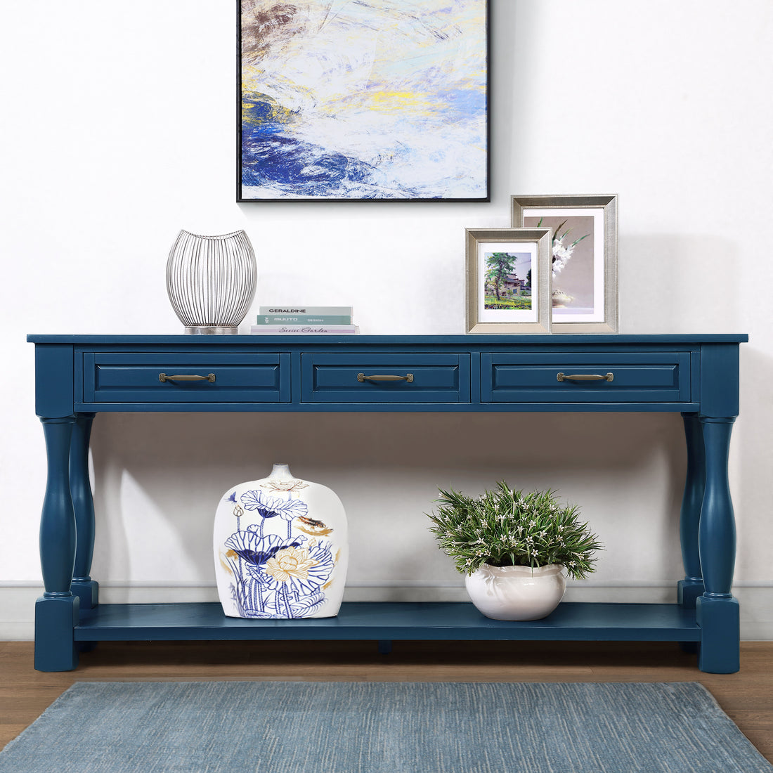 63Inch Long Wood Console Table With 3 Drawers And 1 Bottom Shelf For Entryway Hallway Easy Assembly Extra Thick Sofa Table Navy Blue Navy Blue Distressed Finish Primary Living Space American Design Pine Drawers Console Tables Pine