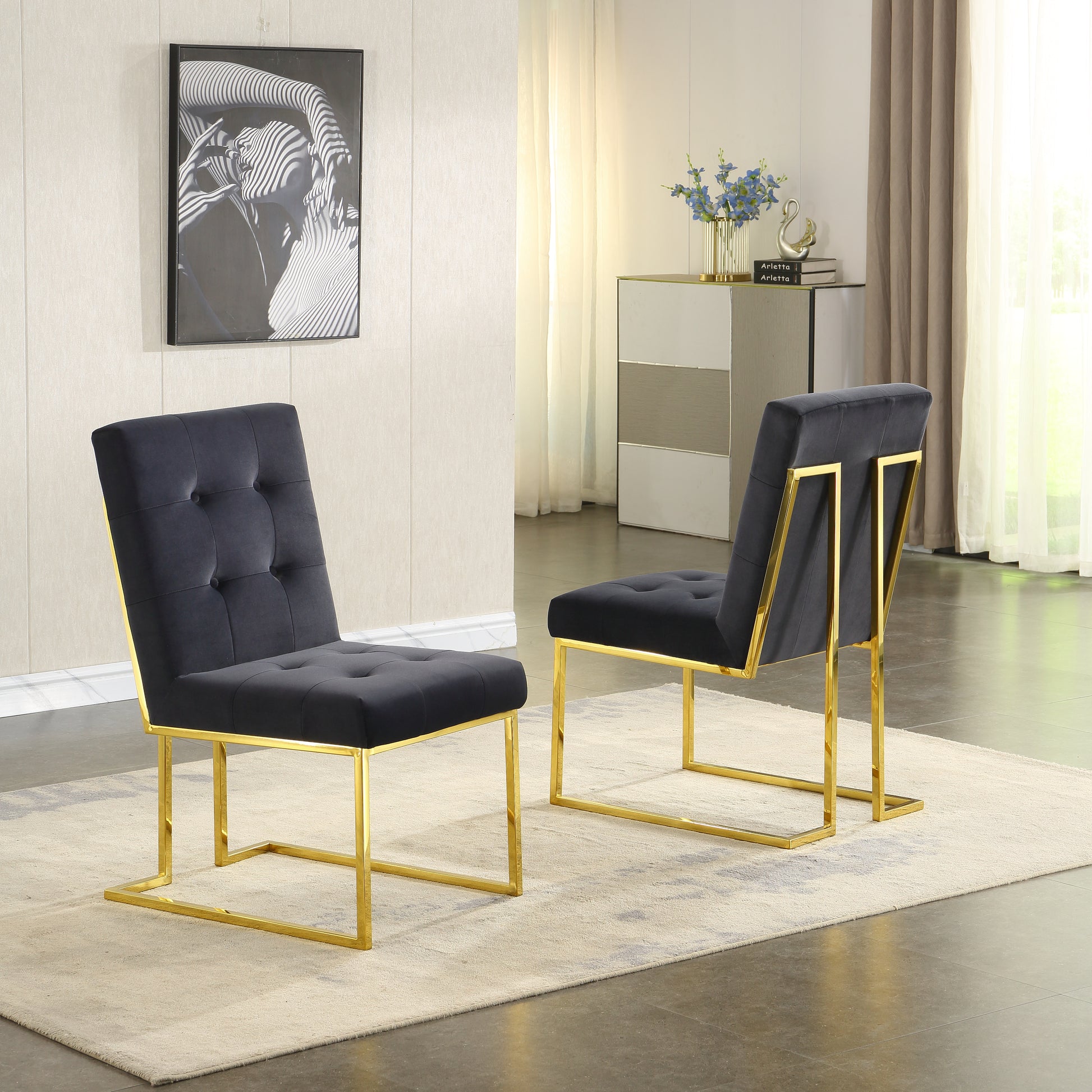 Modern Velvet Dining Chair Set Of 2, Tufted Design And Gold Finish Stainless Base Black Velvet