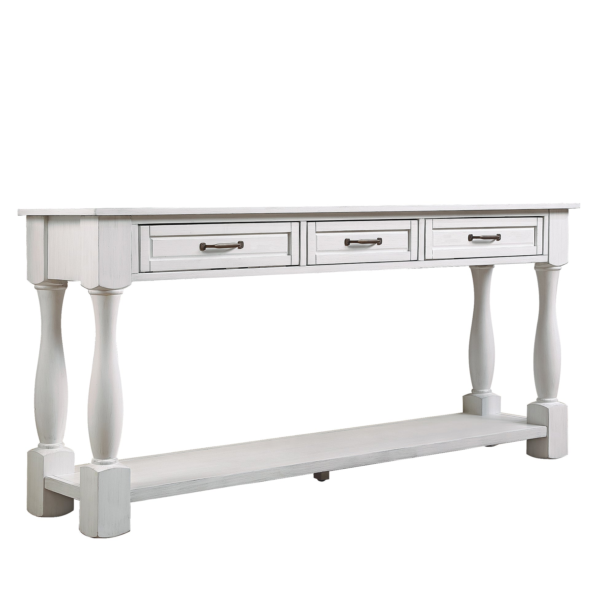 63Inch Long Wood Console Table With 3 Drawers And 1 Bottom Shelf For Entryway Hallway Easy Assembly Extra Thick Sofa Table Antique White Antique White White Distressed Finish Primary Living Space American Design Pine Drawers Console Tables Pine