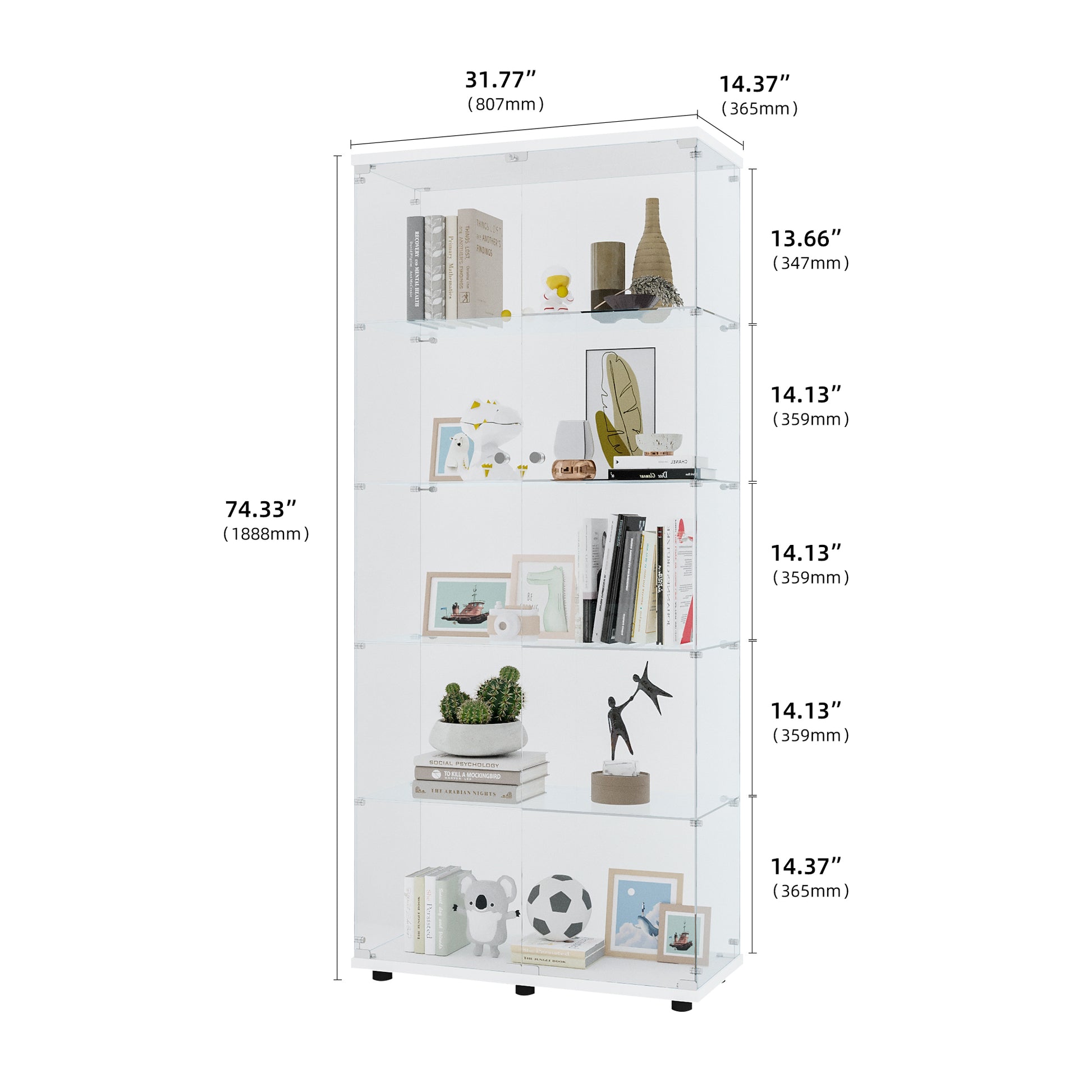 Glass Display Cabinet With 5 Shelves Double Door, Curio Cabinets For Living Room, Bedroom, Office, White Floor Standing Glass Bookshelf, Quick Installation White Glass