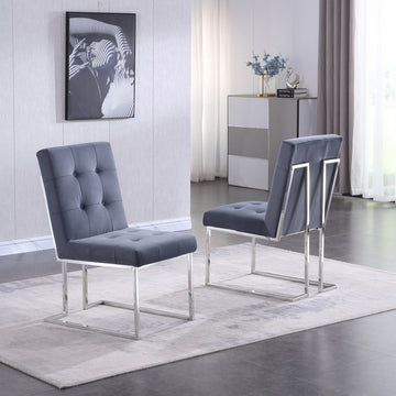 Modern Velvet Dining Chair Set Of 2, Tufted Design And Silver Finish Stainless Base Grey Velvet