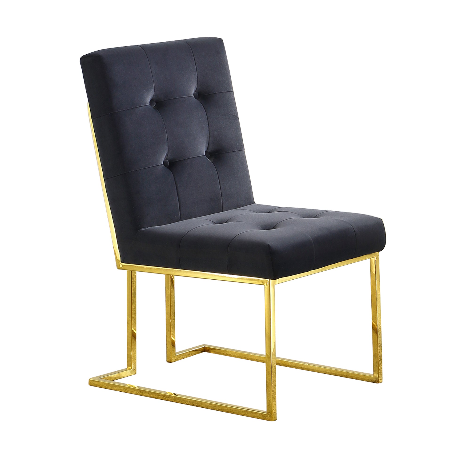 Modern Velvet Dining Chair Set Of 2, Tufted Design And Gold Finish Stainless Base Black Velvet