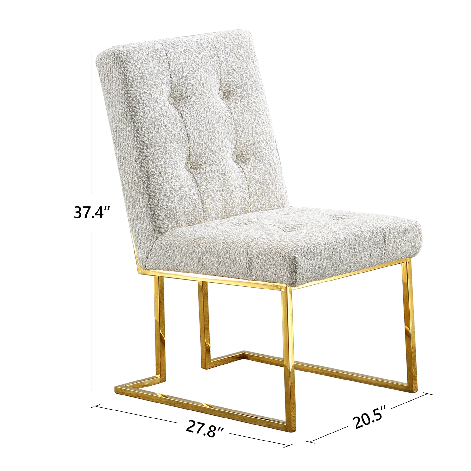 Modern Linen Dining Chair Set Of 2, Tufted Design And Gold Finish Stainless Base White Linen