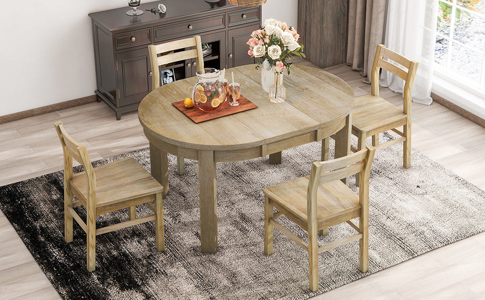 Farmhouse 5 Piece Extendable Round Dining Table Set With Storage Drawers And 4 Dining Chairs,16" Removable Leaf, Natural Wood Dining Room Extendable Rubberwood Round Dining Table With Chair Wood Wood Natural Ladder Back Seats 4 42 Inches Removable Leaf