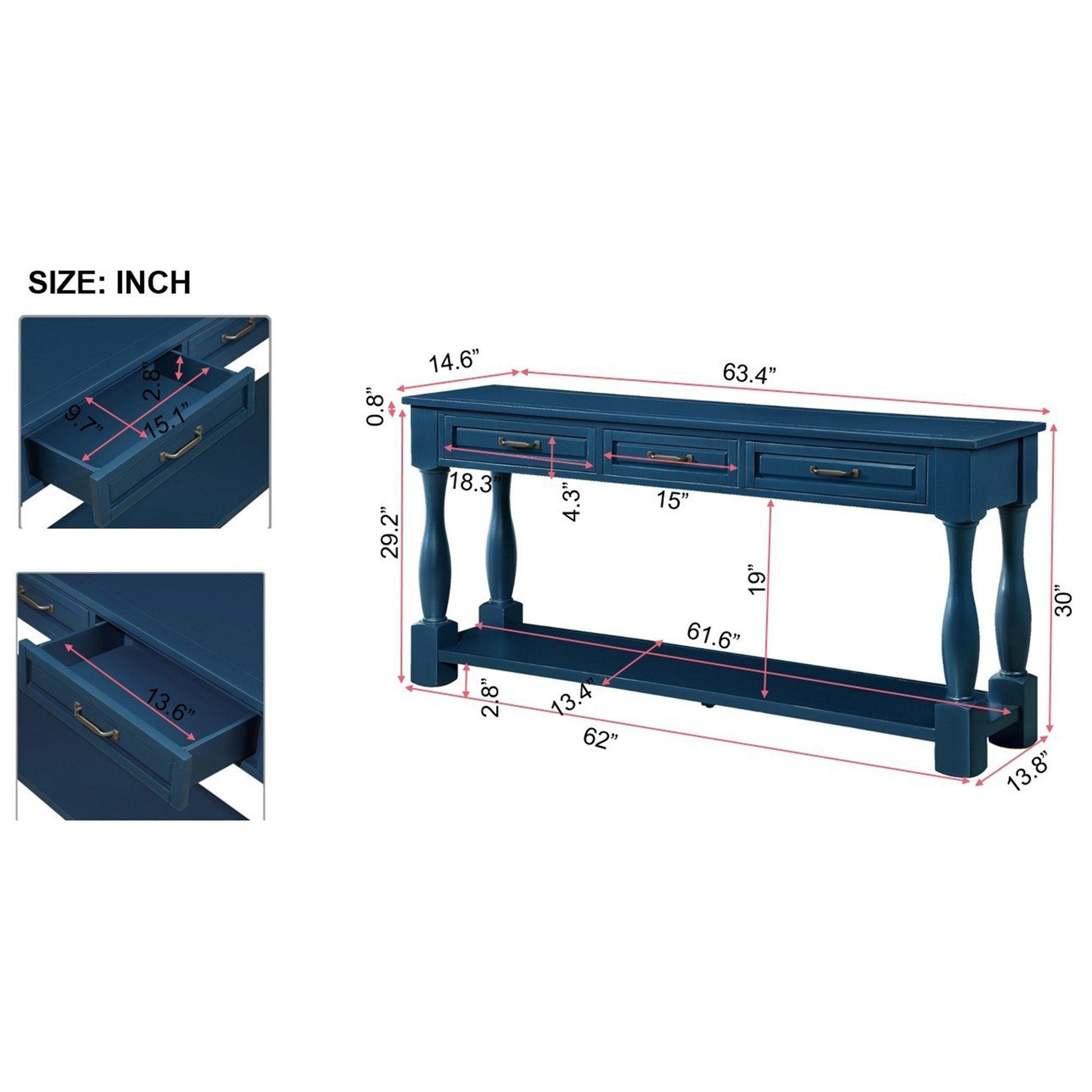 63Inch Long Wood Console Table With 3 Drawers And 1 Bottom Shelf For Entryway Hallway Easy Assembly Extra Thick Sofa Table Navy Blue Navy Blue Distressed Finish Primary Living Space American Design Pine Drawers Console Tables Pine