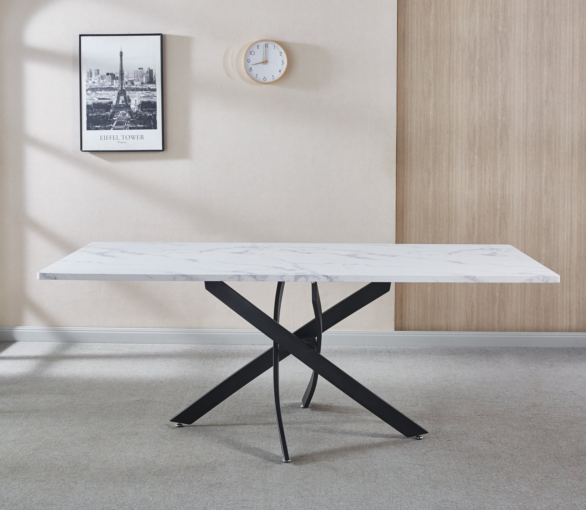 Rectangle Mdf Dining Table, Printed Marble Table Top And Black Metal Base Walnut Mdf