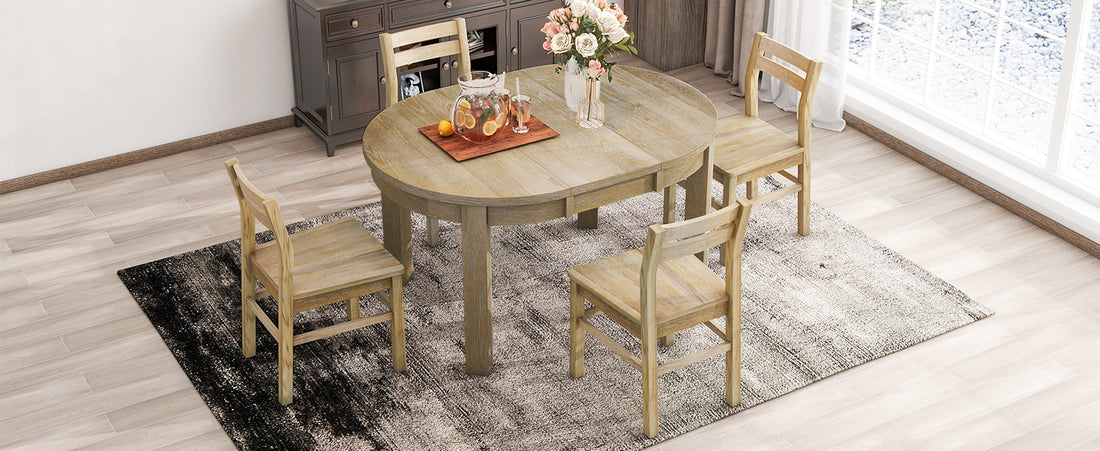 Farmhouse 5 Piece Extendable Round Dining Table Set With Storage Drawers And 4 Dining Chairs,16" Removable Leaf, Natural Wood Dining Room Extendable Rubberwood Round Dining Table With Chair Wood Wood Natural Ladder Back Seats 4 42 Inches Removable Leaf