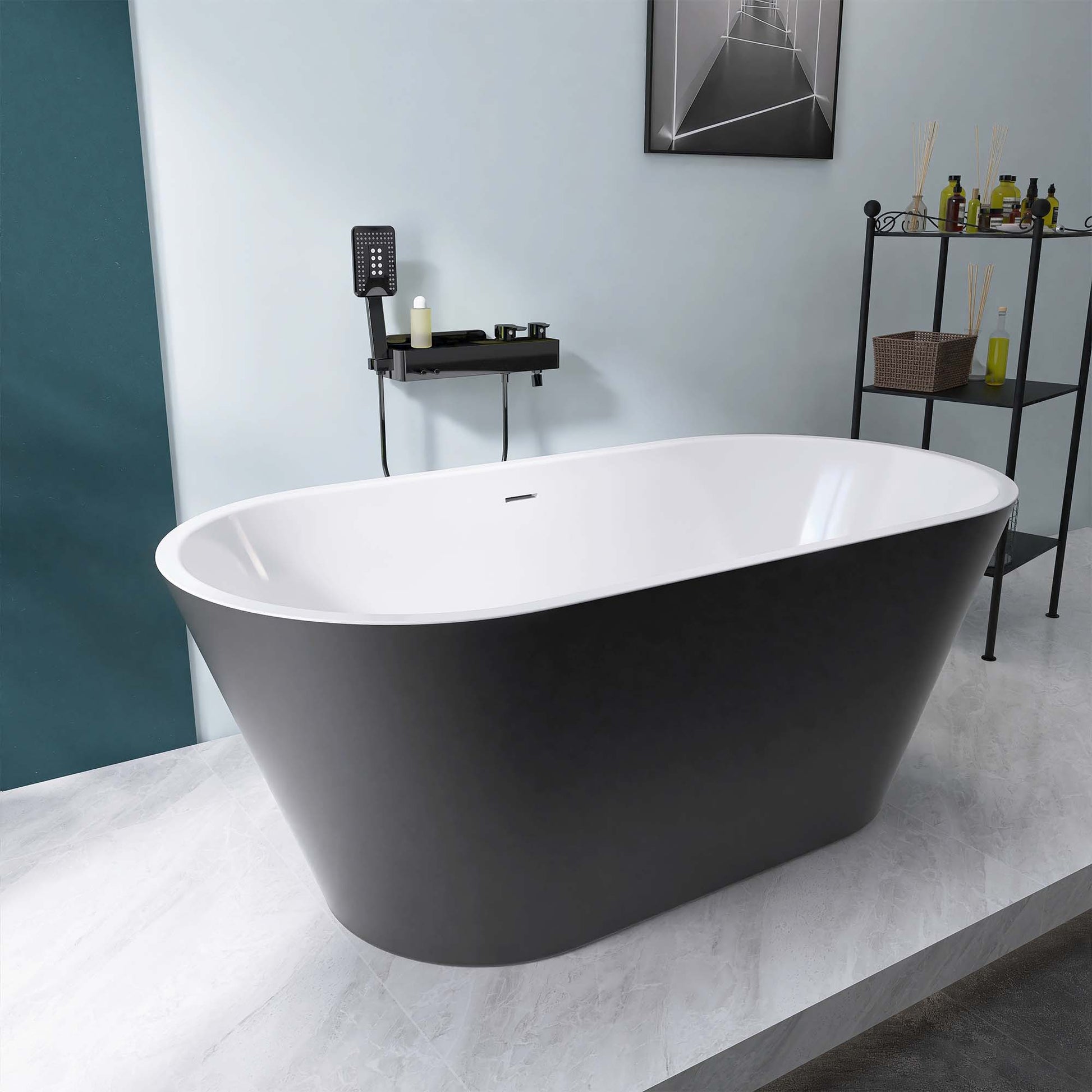 59" Acrylic Freestanding Bathtub, Matte Black Modern Stand Alone Soaking Bathtub, Brushed Nickel Drain And Minimalist Linear Design Overflow Included Easy To Install Matte Black Oval Bathroom Freestanding Tubs Matte 59 61 In American