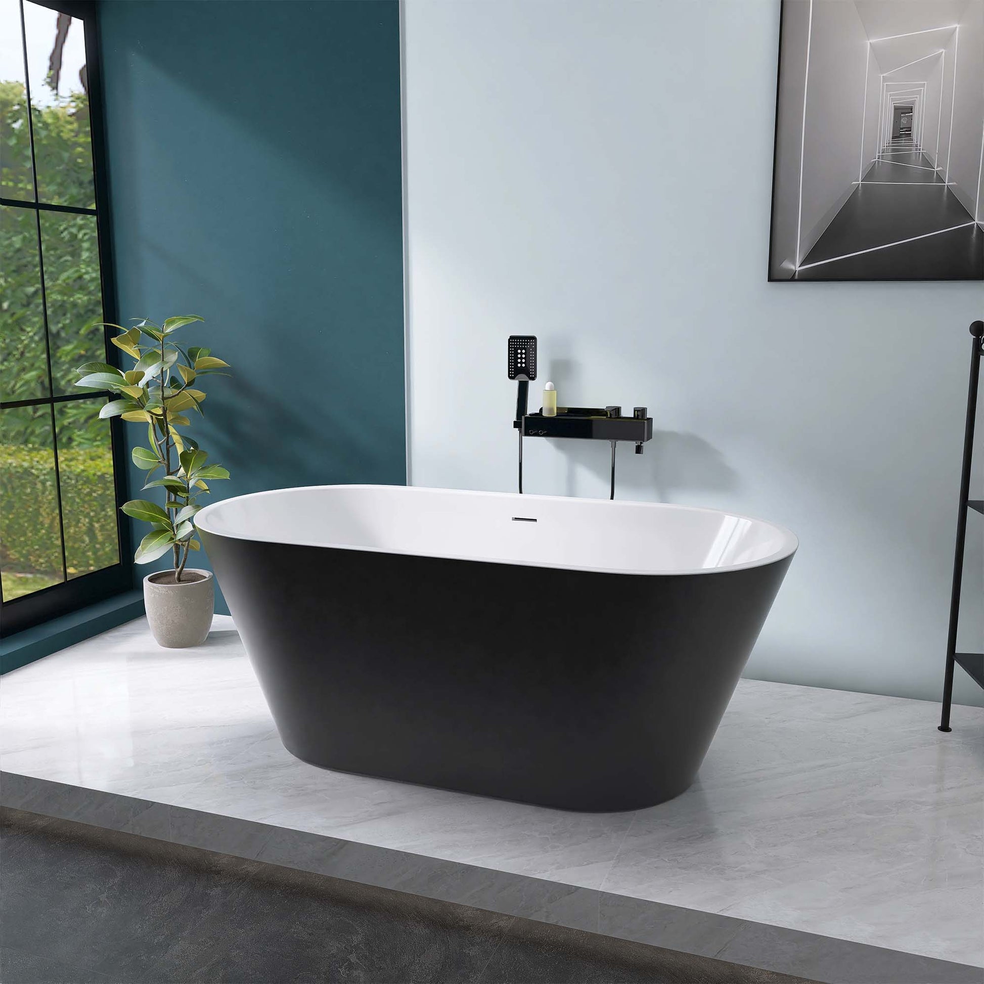 67" Acrylic Freestanding Bathtub, Matte Black Modern Stand Alone Soaking Bathtub, Brushed Nickel Drain And Minimalist Linear Design Overflow Included Easy To Install Matte Black Oval Bathroom Freestanding Tubs Matte 59 61 In American