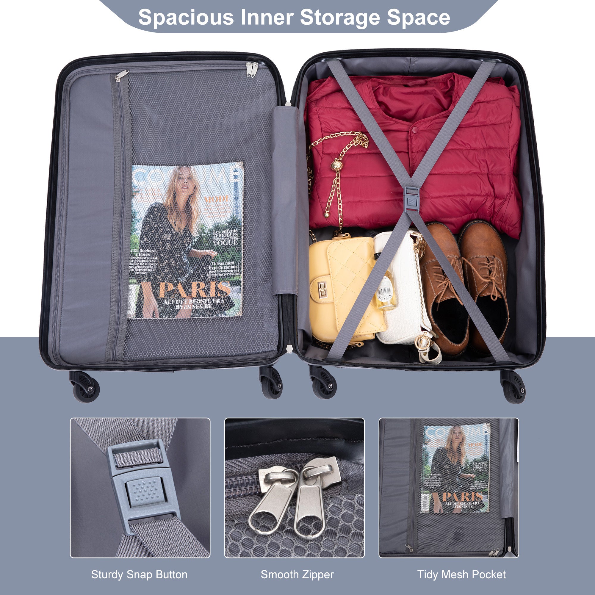 Expandable 3 Piece Luggage Sets PC Lightweight & gray-pc