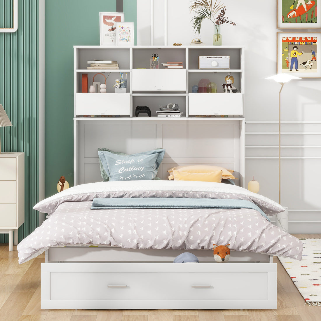 Queen Size Murphy Bed With Bookcase, Bedside Shelves And A Big Drawer, White White Solid Wood Mdf