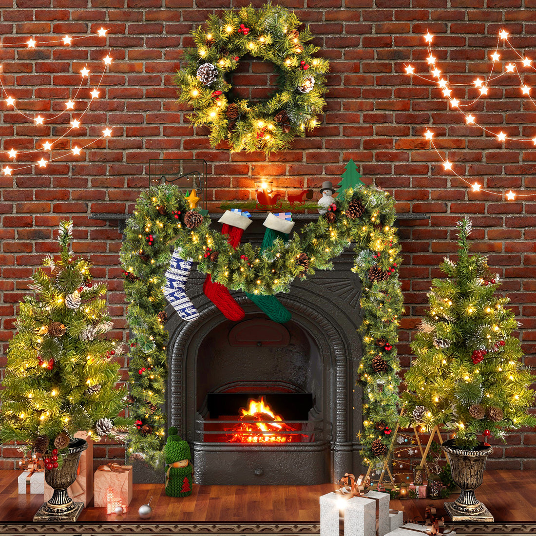 Pre Lit Xmas Tree Artificial Christmas 4 Piece Set,Garland, Wreath And Set Of 2 3Ft Entrance Trees X Mas With Led Lights, Christmas Tree Green Pvc