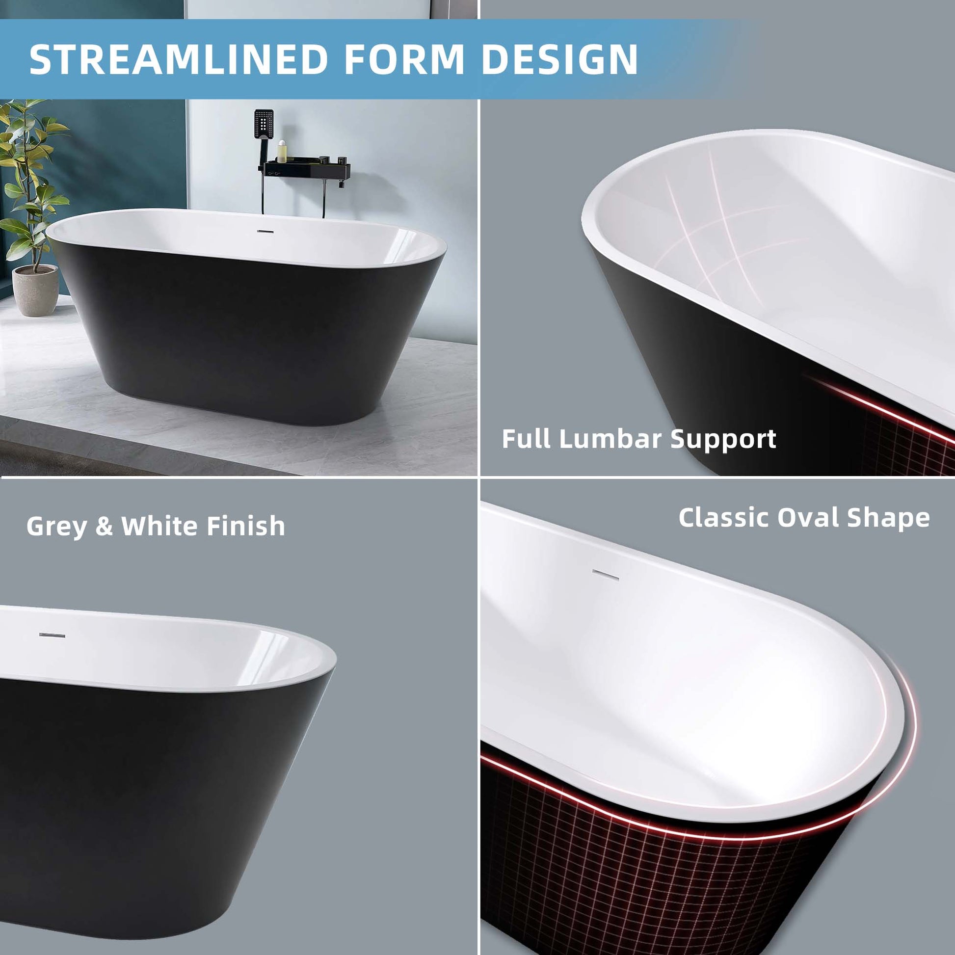 67" Acrylic Freestanding Bathtub, Matte Black Modern Stand Alone Soaking Bathtub, Brushed Nickel Drain And Minimalist Linear Design Overflow Included Easy To Install Matte Black Oval Bathroom Freestanding Tubs Matte 59 61 In American