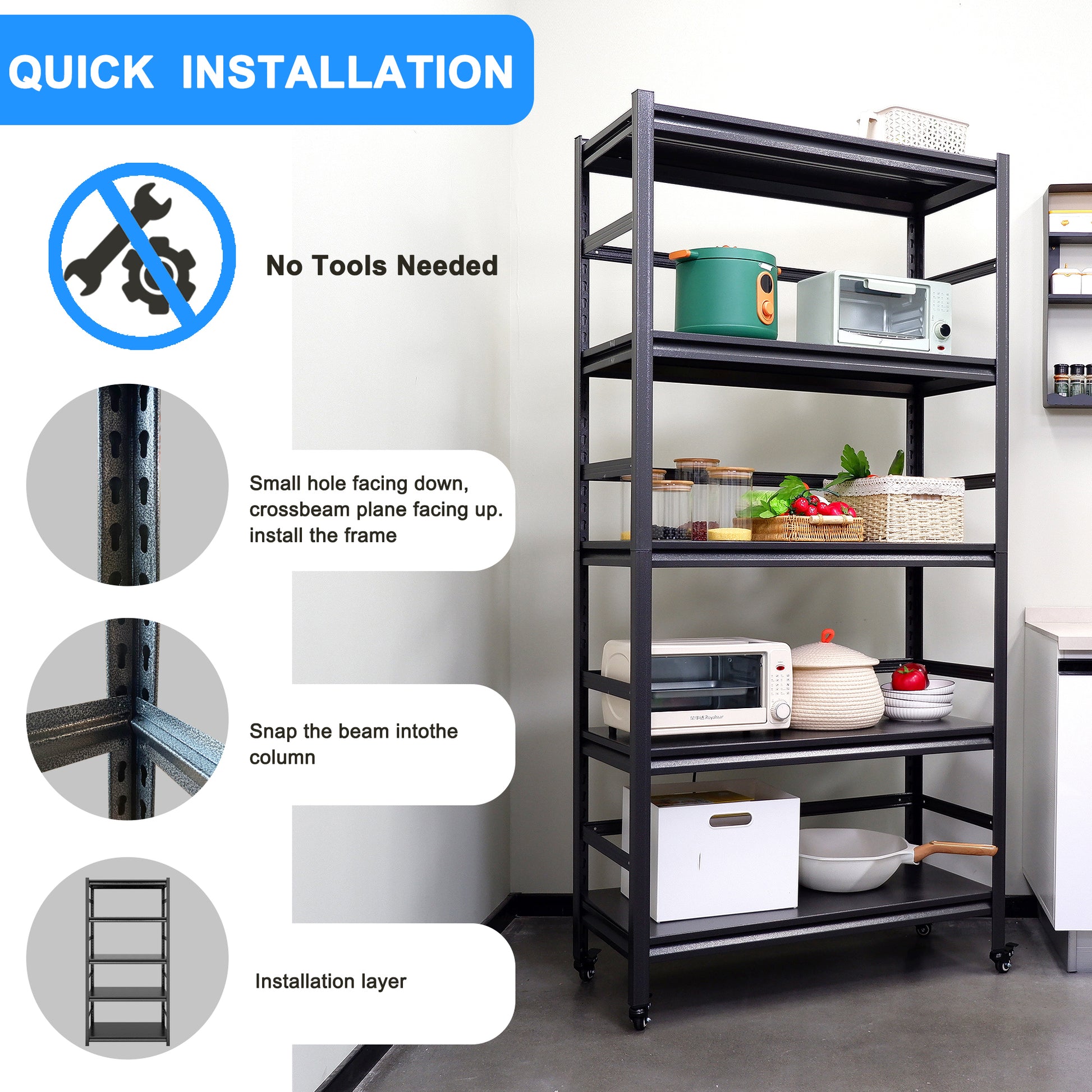 63"H Storage Shelves Heavy Duty Metal Shelving Unit Adjustable 5 Tier Pantry Shelves With Wheels Load 1750Lbs Kitchen Shelf Garage Storage 5 Black Standard Vertical Kitchen Open Back Metal Antique Adjustable Shelves Metal Metal