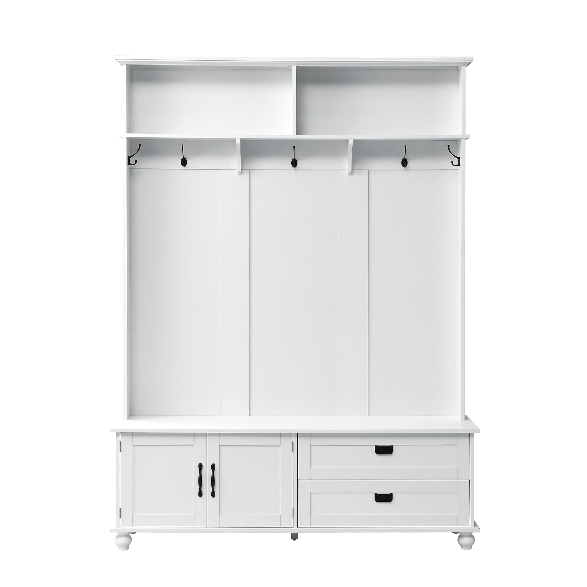 Modern Style Hall Tree With Storage Cabinet And 2 Large Drawers, Widen Mudroom Bench With 5 Coat Hooks, White White Primary Living Space Particle Board