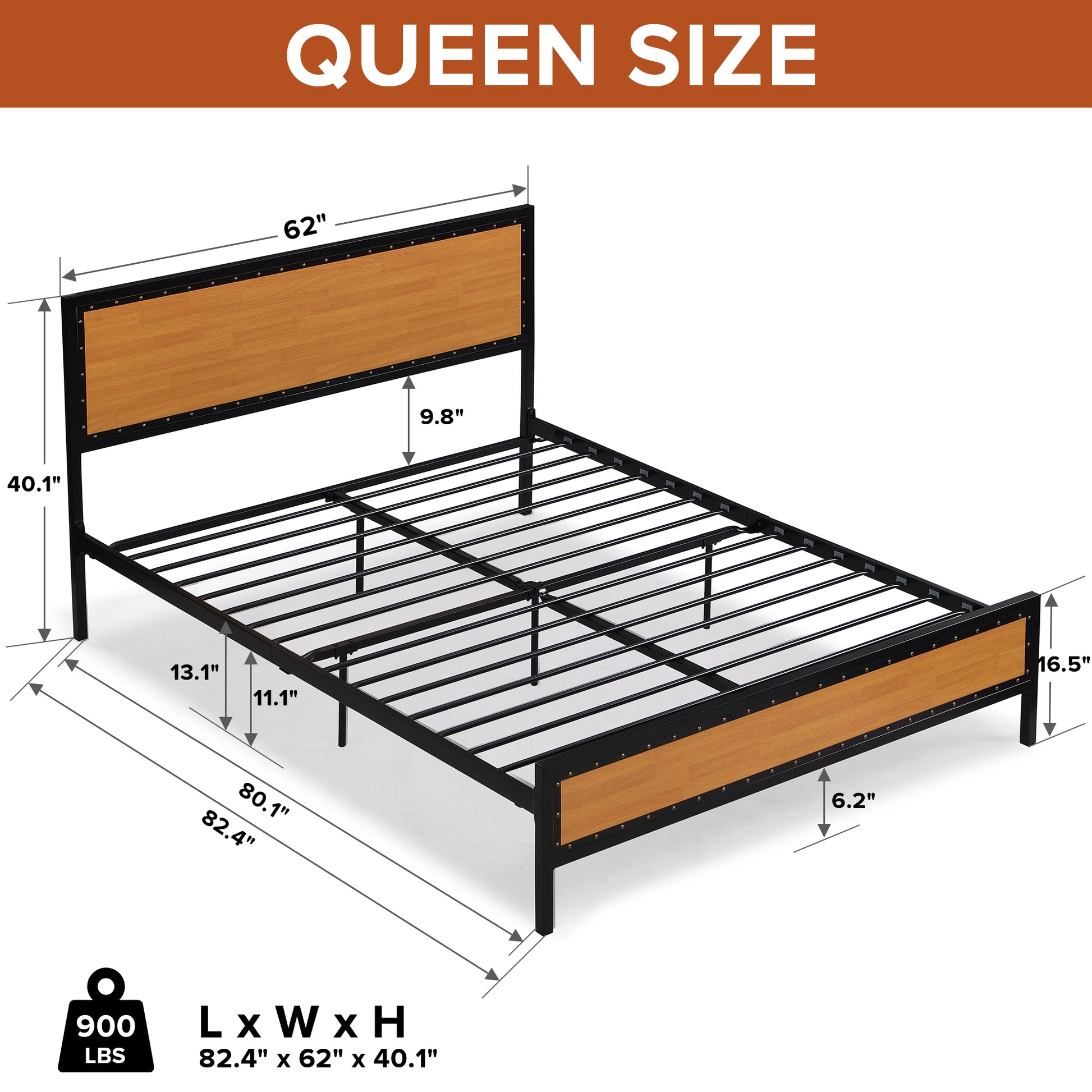 Industrial Platform Queen Bed Frame Mattress Foundation With Rustic Headboard And Footboard, Strong Steel Slat Support, No Box Spring Needed, Noise Free, Easy Assembly Brown Mdf Steel