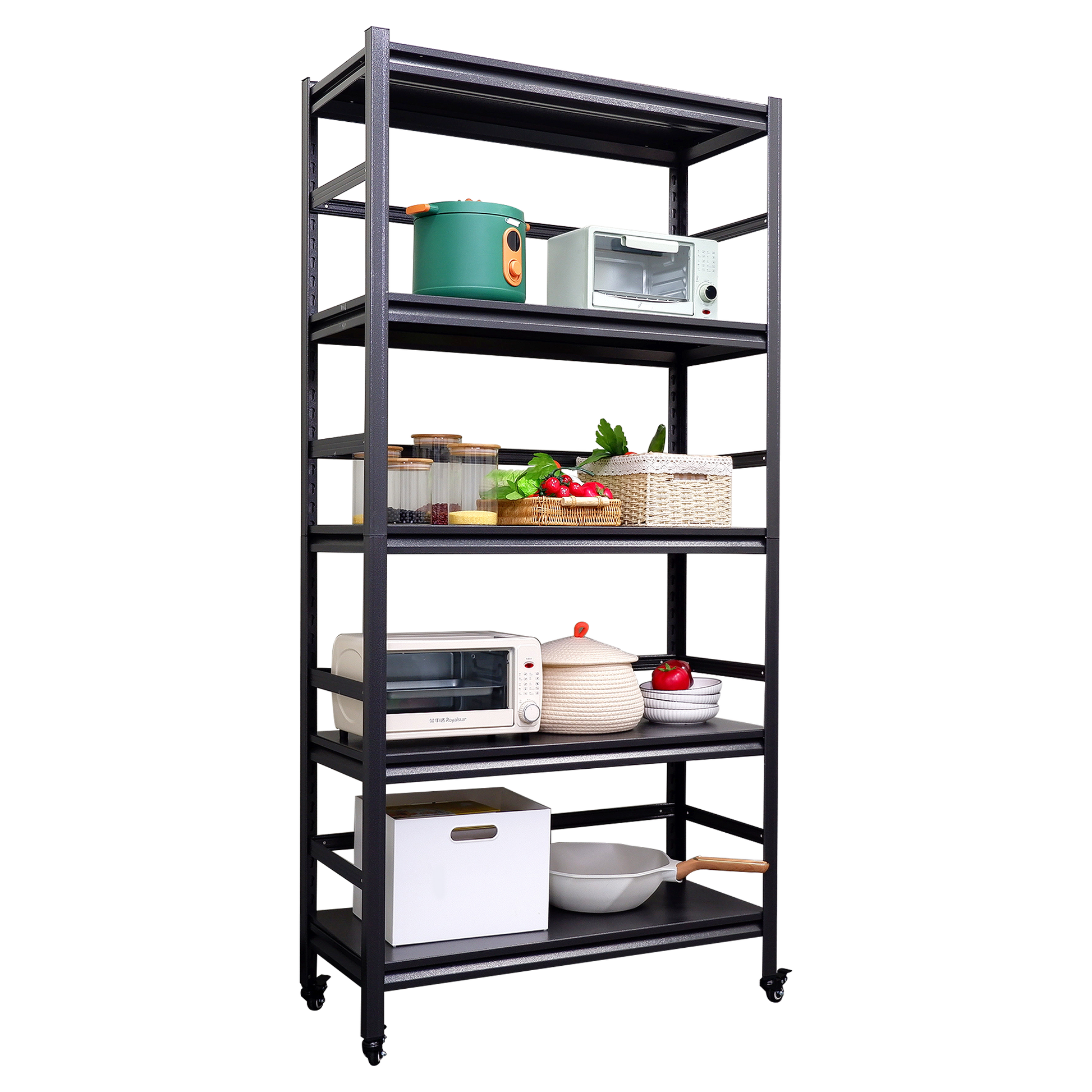 63"H Storage Shelves Heavy Duty Metal Shelving Unit Adjustable 5 Tier Pantry Shelves With Wheels Load 1750Lbs Kitchen Shelf Garage Storage 5 Black Standard Vertical Kitchen Open Back Metal Antique Adjustable Shelves Metal Metal