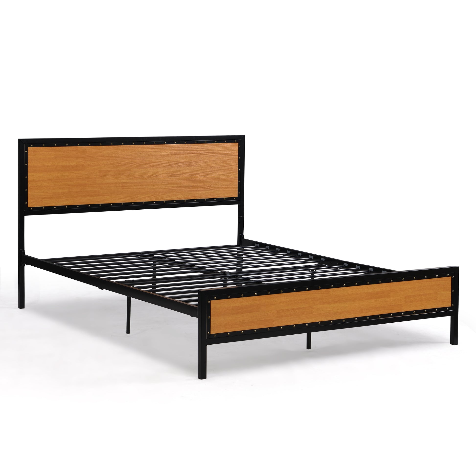 Industrial Platform Queen Bed Frame Mattress Foundation With Rustic Headboard And Footboard, Strong Steel Slat Support, No Box Spring Needed, Noise Free, Easy Assembly Brown Mdf Steel