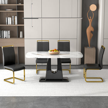 1 Table And 4 Chairs. Modern, Simple And Luxurious White Imitation Marble Rectangular Dining Table And Desk With 4 Black Pu Gold Plated Leg Chairs 63'' X 35.4'' X 30'' White Black Mdf