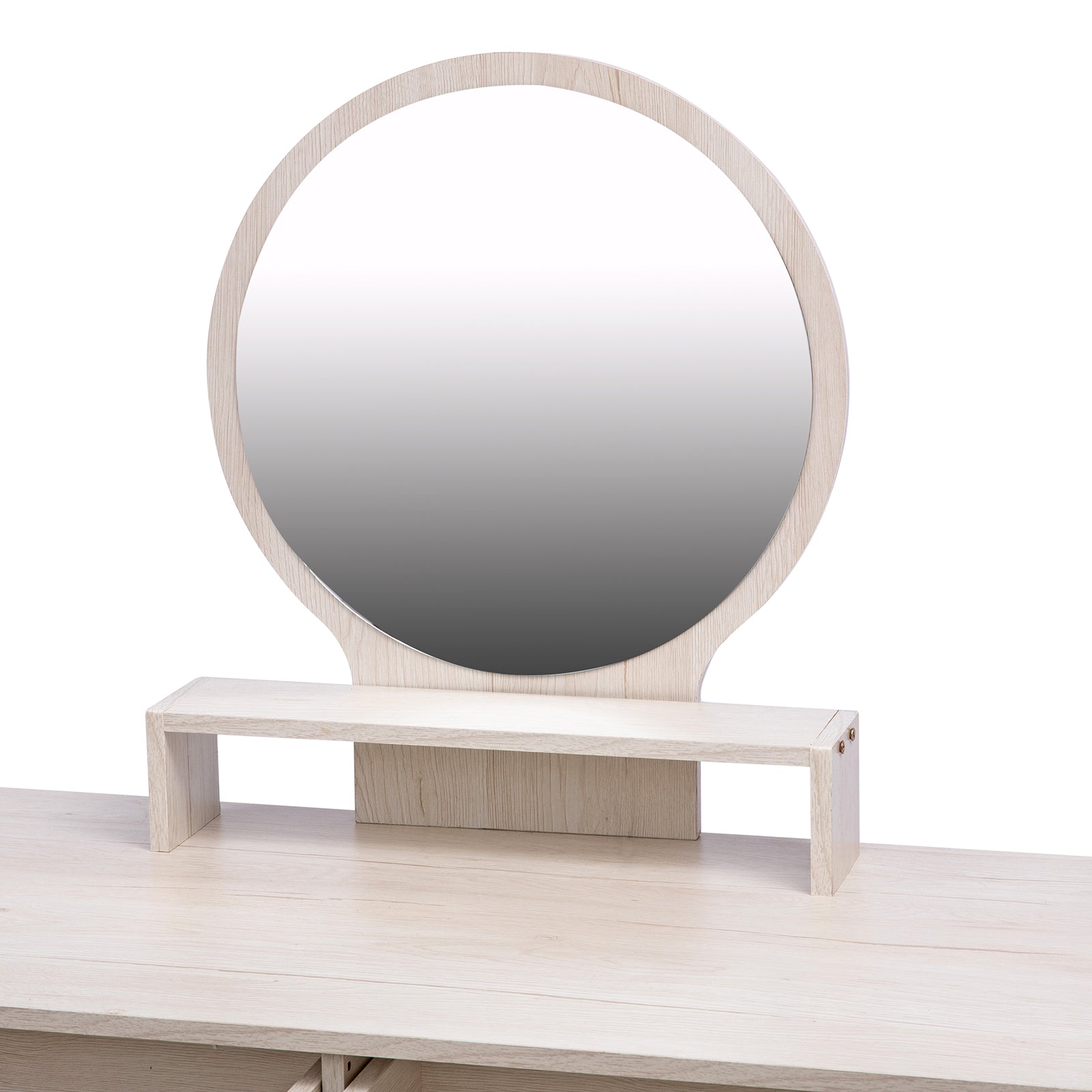 Makeup Vanity Table With Cushioned Stool, Large Capacity Storage Cabinet, 5 Drawers, Large Round Mirror, Fasionable Makeup Furniture 31.5" 43.2"L X 15.8"W X 48.1"H Length Adjustable Ameican White Oak Mdf