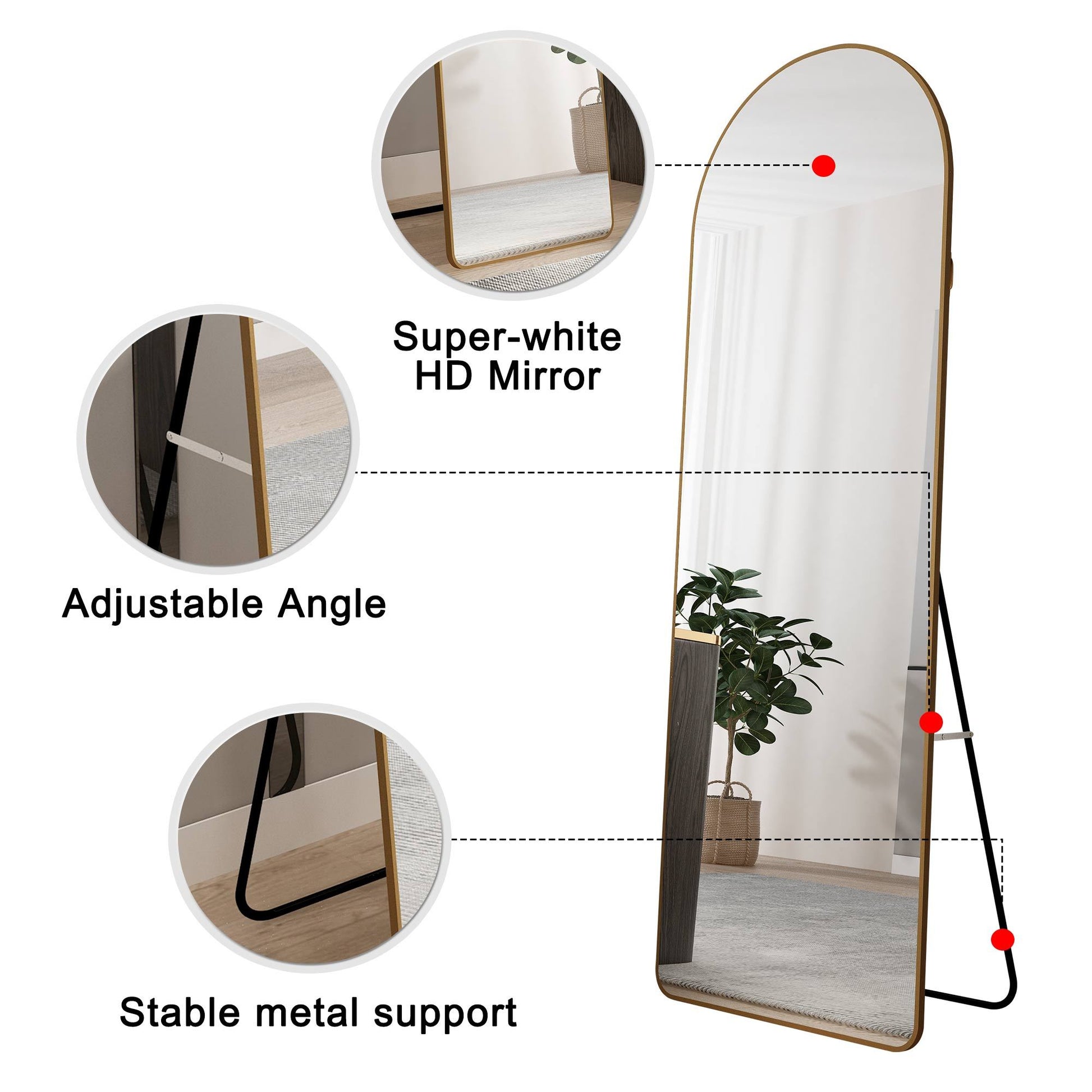 The 3Rd Generation Aluminum Alloy Metal Frame Arched Floor Mounted Wall Mirror, Upgraded In Quality, Bathroom Makeup Mirror, Bedroom Entrance, Clothing Store, Gold 65 "* 23 "W1151121956 Golden Glass