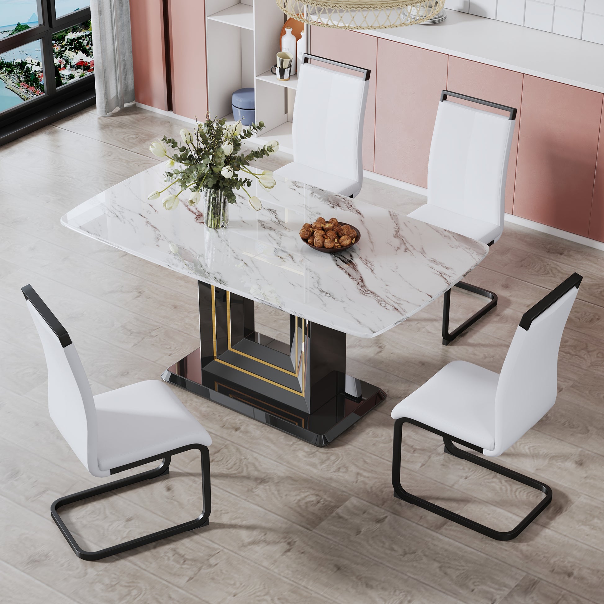 Dining Table. White Imitation Marble Pattern Desktop. Black Mdf Table Legs With Gold Lines And Black Base. Suitable For Kitchen Living Roomf Sq White Glass