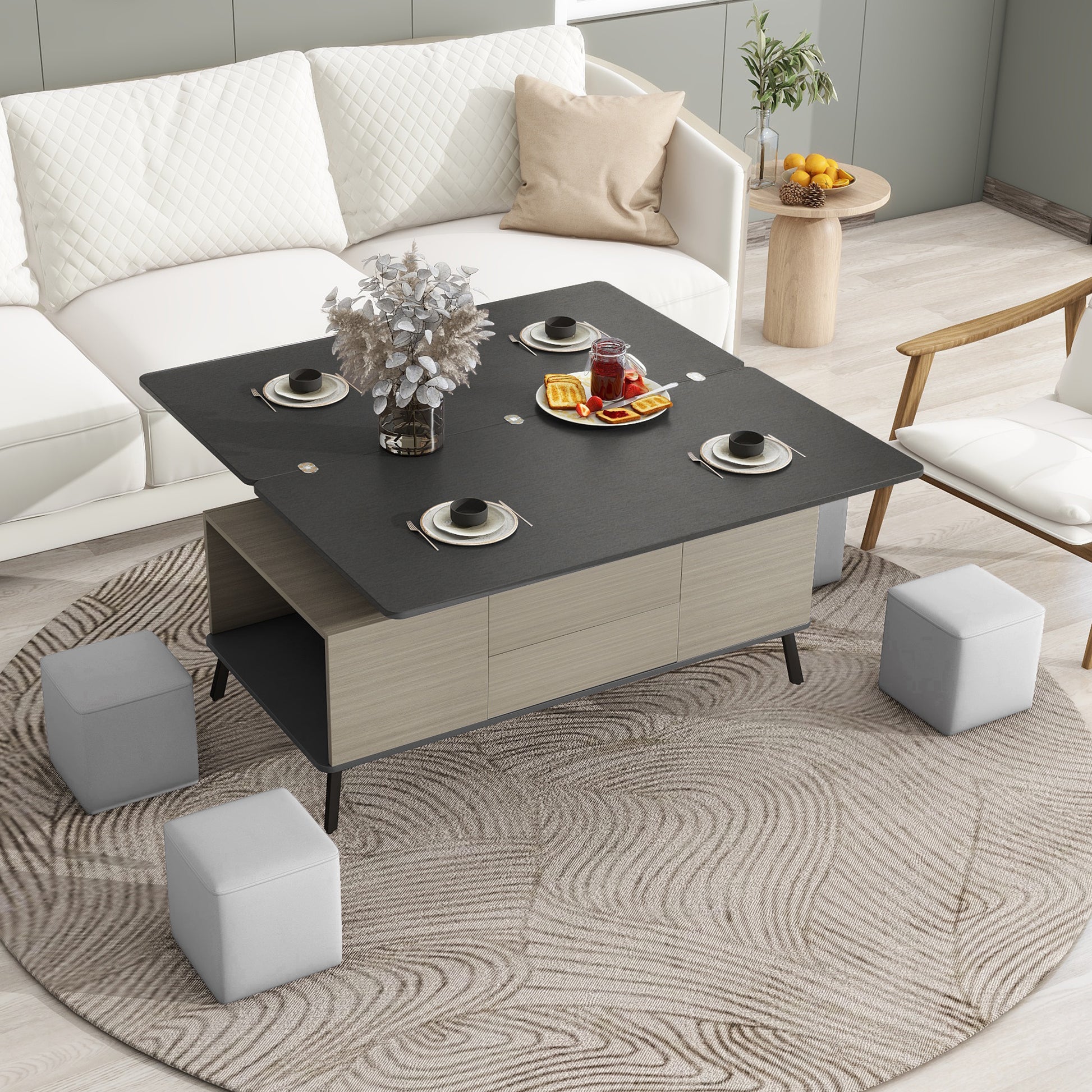 5 Pieces Lift Top Coffee Table Set With Storage Convertible Dining Table With Ottomans Dark Gray Fabric Mdf