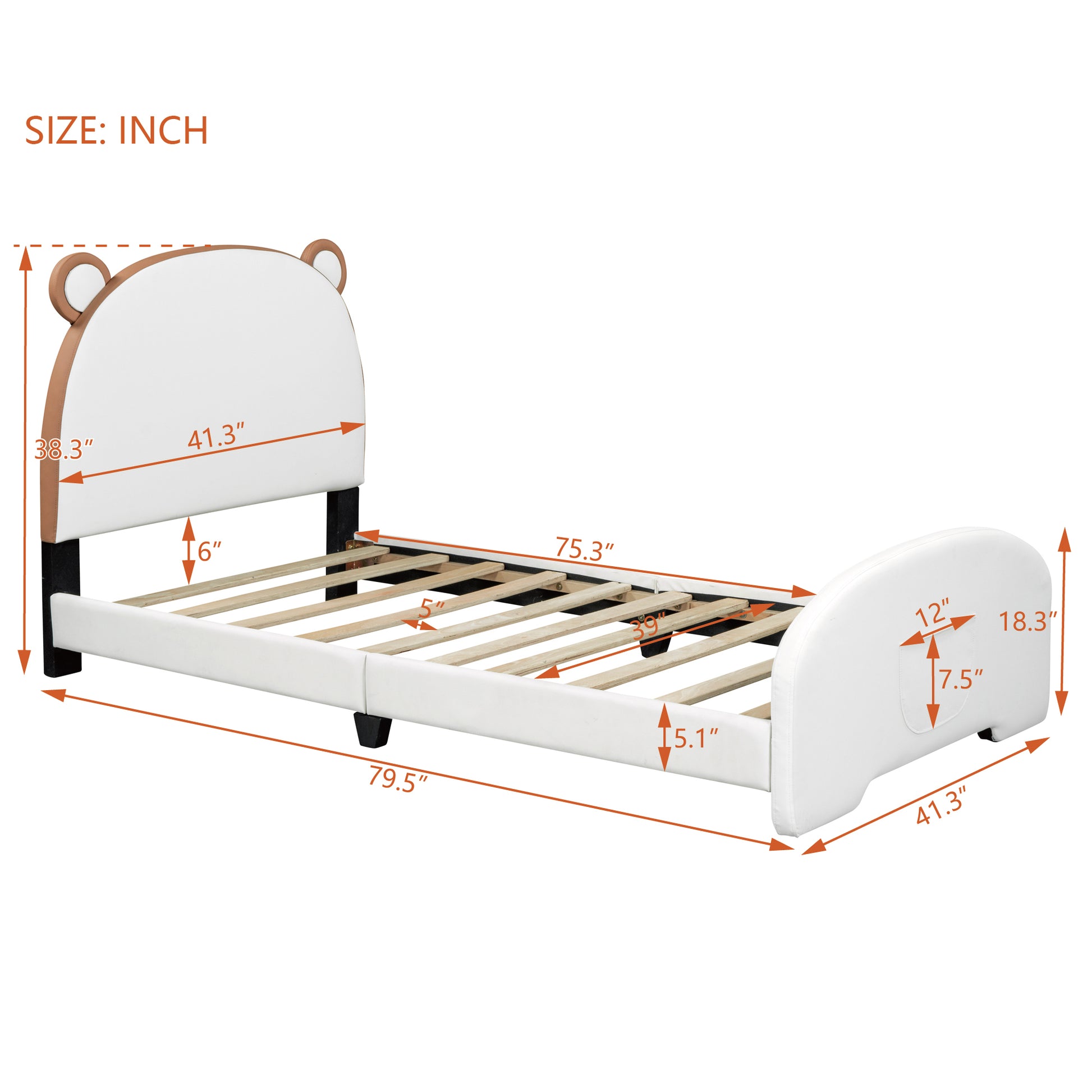 Twin Size Upholstered Platform Bed With Bear Shaped Headboard And Footboard,White Brown White Pu