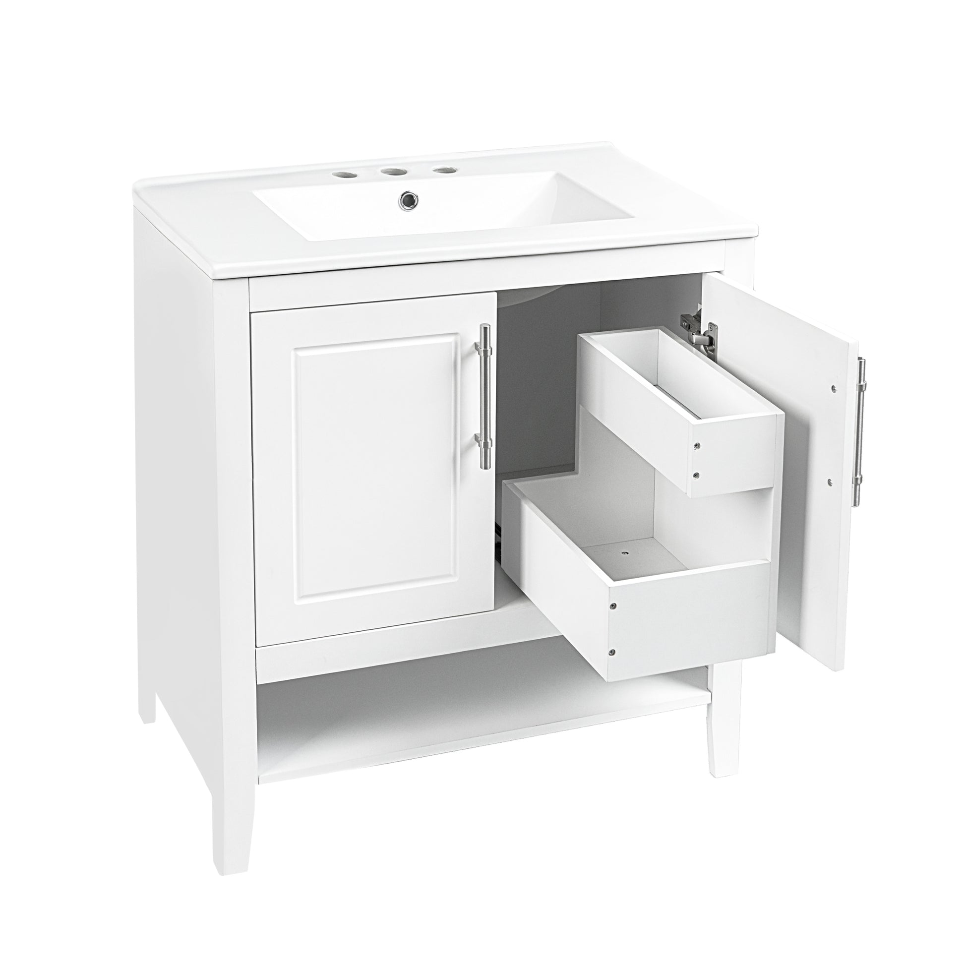 30" Bathroom Vanity With Sink, Multi Functional Bathroom Cabinet With Doors And Drawers, Solid Frame And Mdf Board, White White Solid Wood Mdf