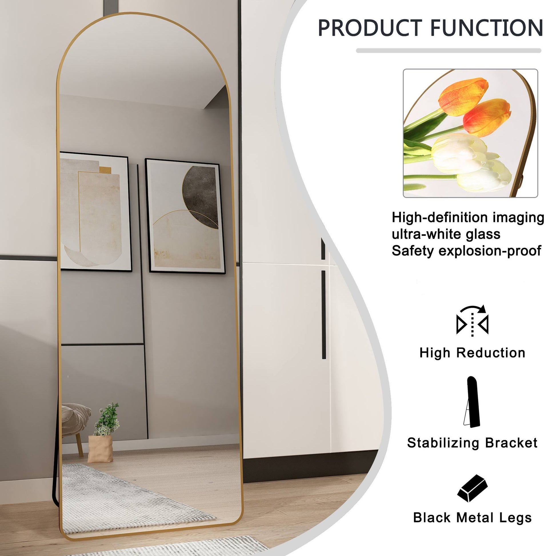 The 3Rd Generation Aluminum Alloy Metal Frame Arched Floor Mounted Wall Mirror, Upgraded In Quality, Bathroom Makeup Mirror, Bedroom Entrance, Clothing Store, Gold 65 "* 23 "W1151121956 Golden Glass