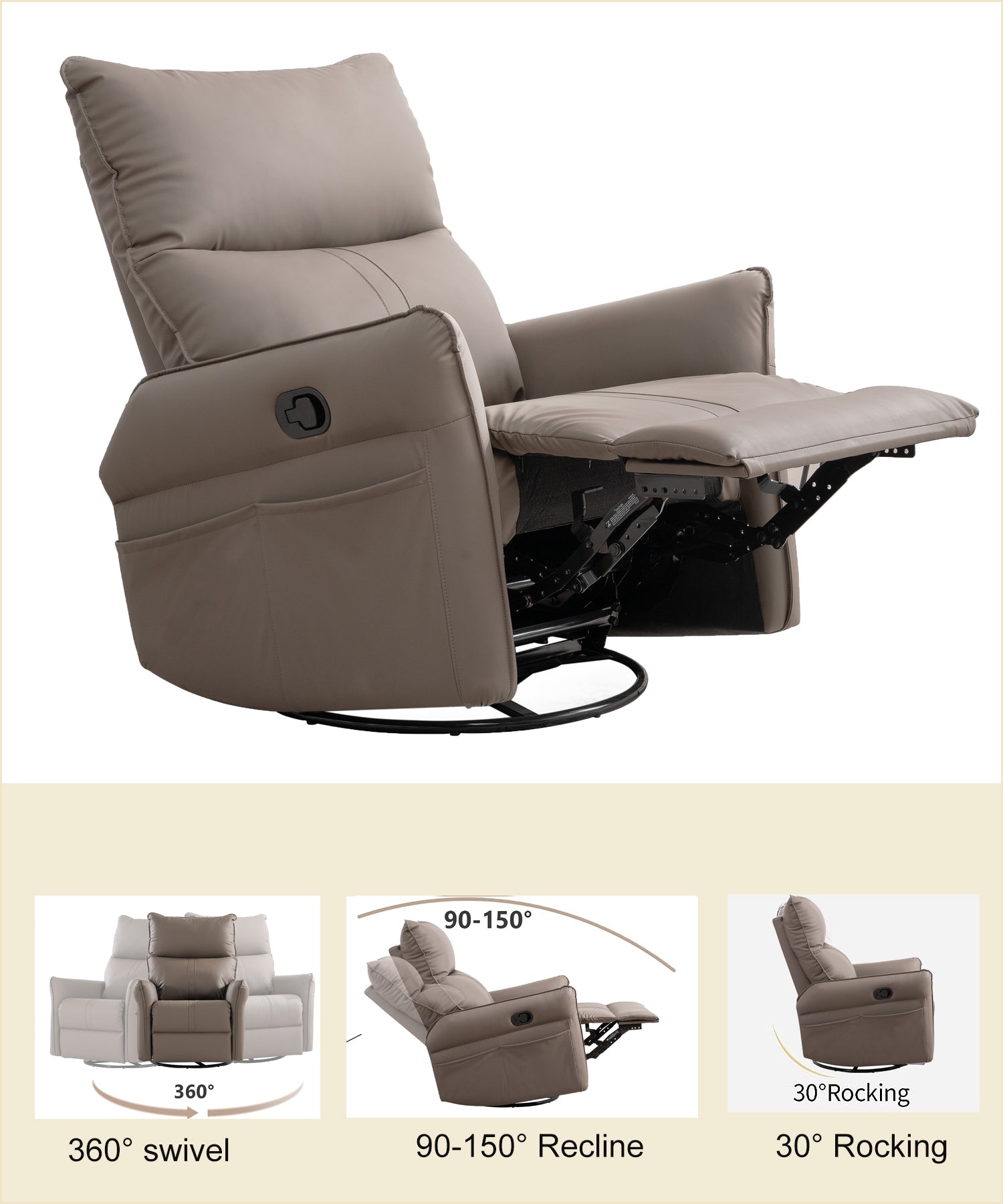 Rocking Recliner Chair,360 Degree Swivel Nursery Rocking Chair,Glider Chair,Modern Small Rocking Swivel Recliner Chair For Bedroom,Living Room Chair Home Theater Seat,Side Pocket Brown Solid Brown