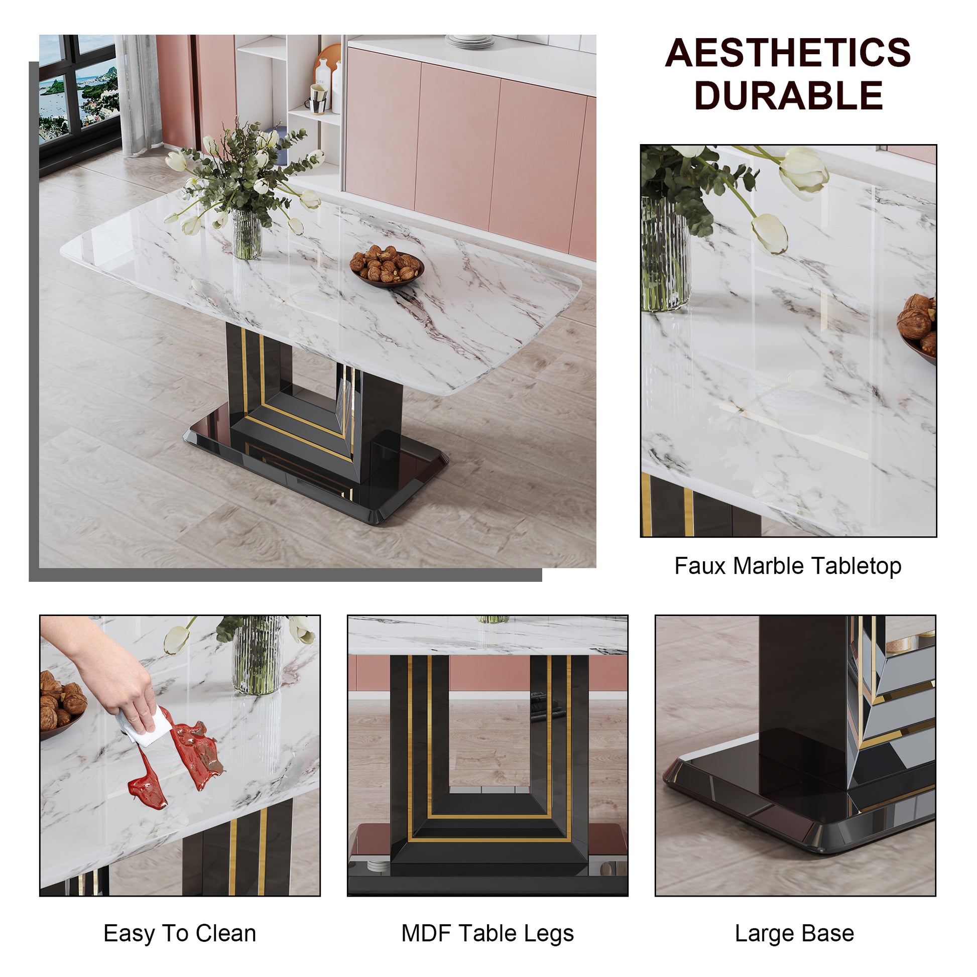 Dining Table. White Imitation Marble Pattern Desktop. Black Mdf Table Legs With Gold Lines And Black Base. Suitable For Kitchen Living Roomf Sq White Glass