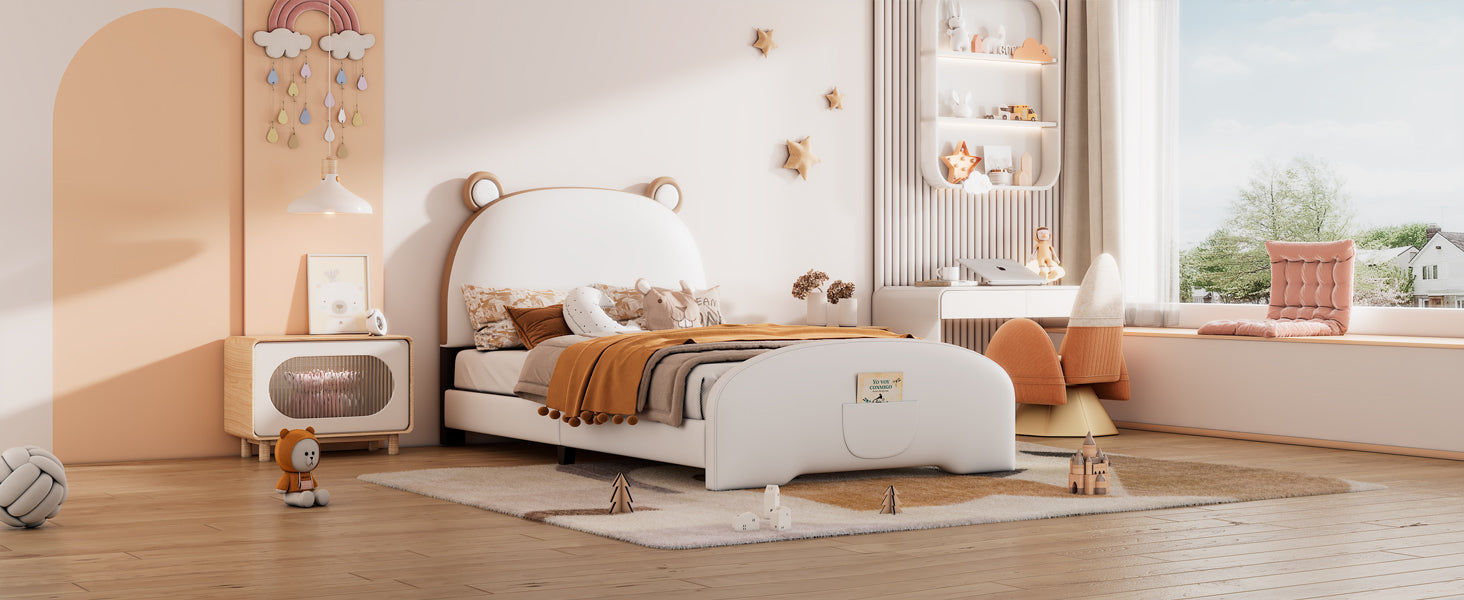 Twin Size Upholstered Platform Bed With Bear Shaped Headboard And Footboard,White Brown White Pu