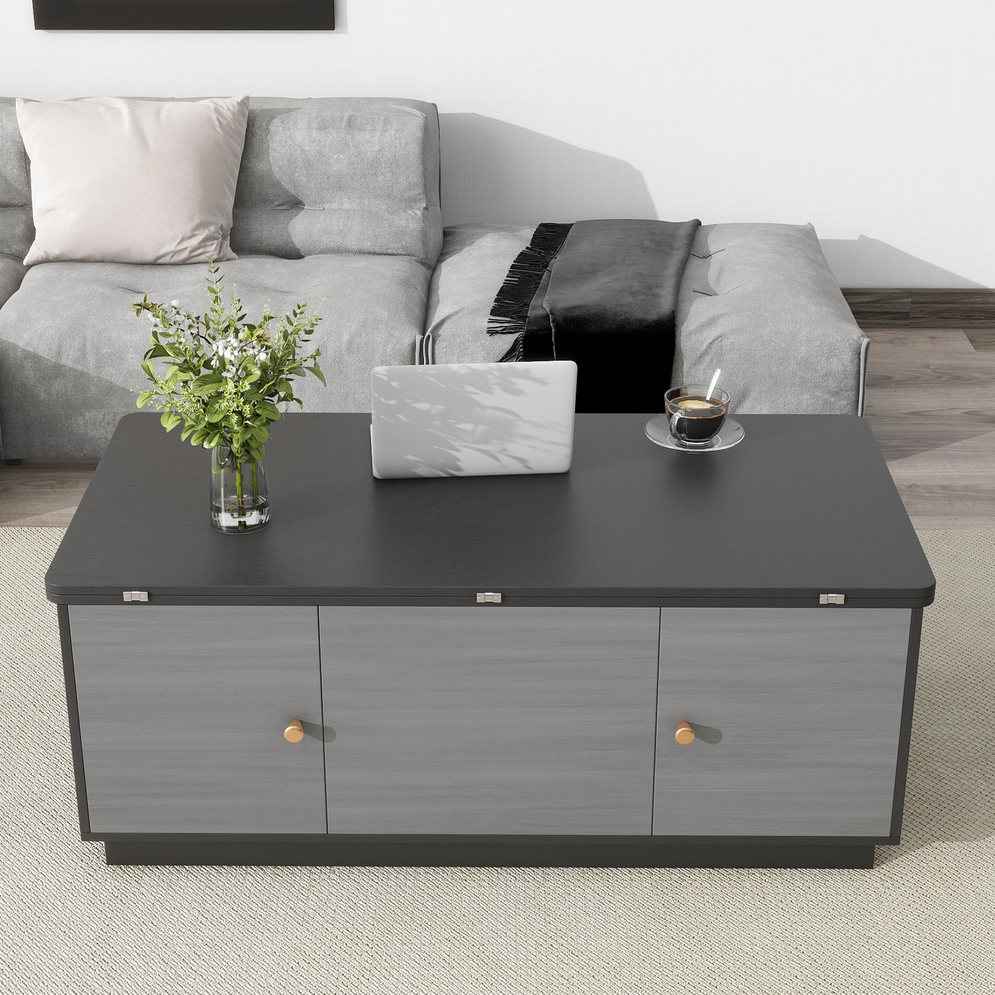 Modern Gray Multi Functional Rectangle Lift Top Coffee Table Extendable With Storage Dark Gray Mdf