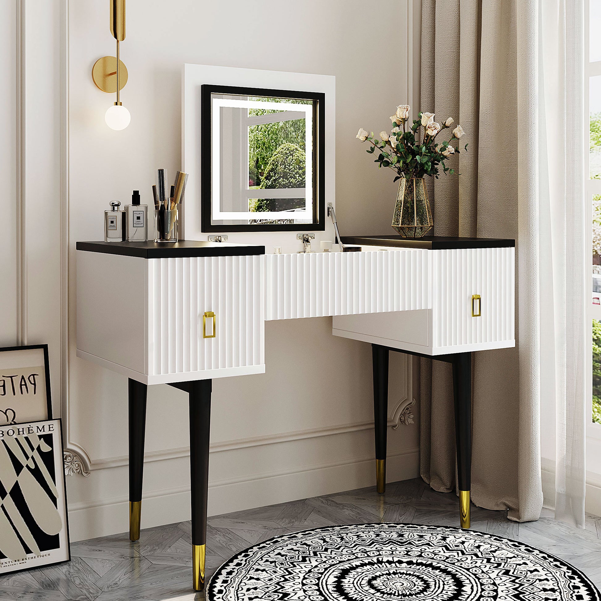 43.3" Modern Vanity Table Set With Flip Top Mirror And Led Light, Dres 43.3" Modern Vanity Table Set With Flip Top Mirror And Led Light, Dres